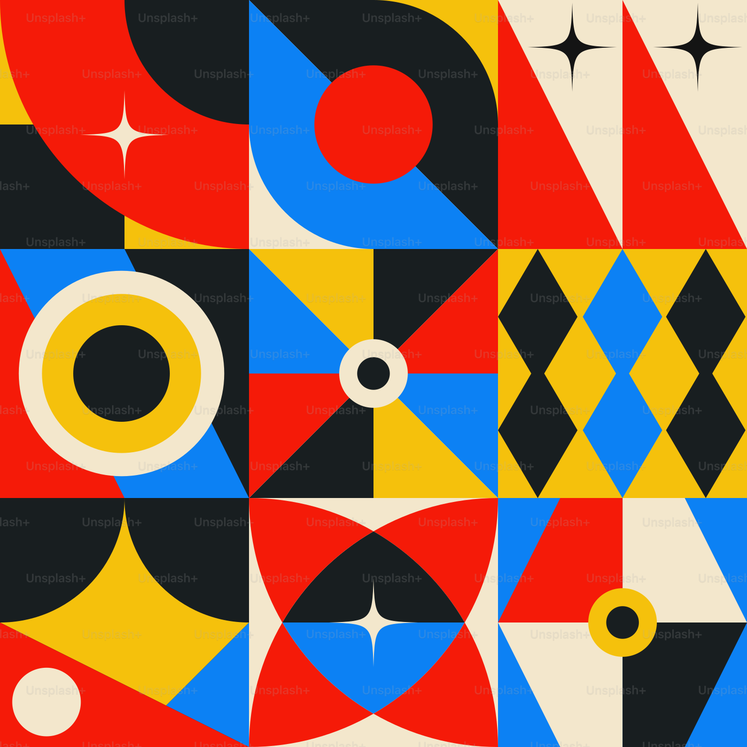 A colorful abstract design with circles, stars, and shapes