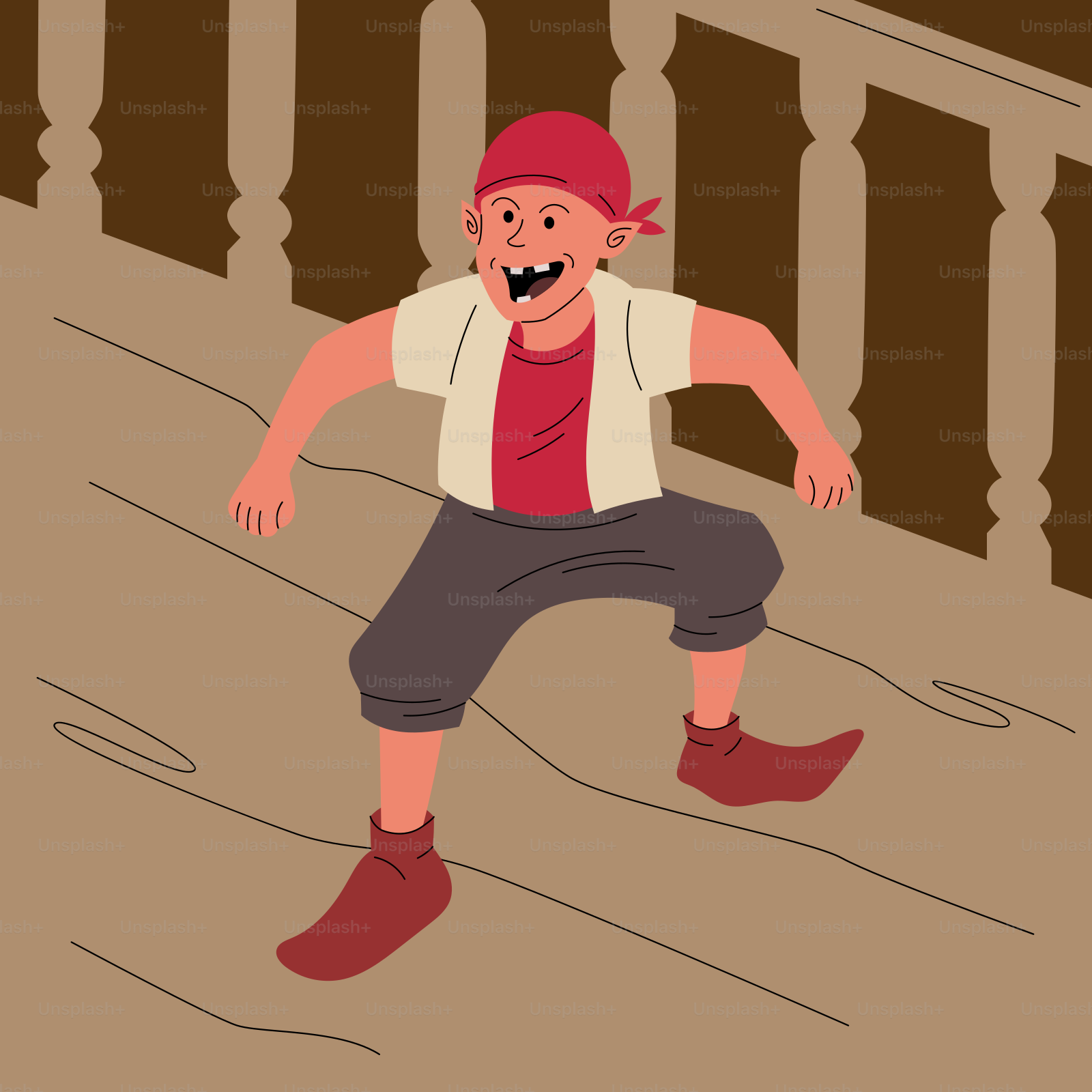 A cartoon of a boy running down a staircase