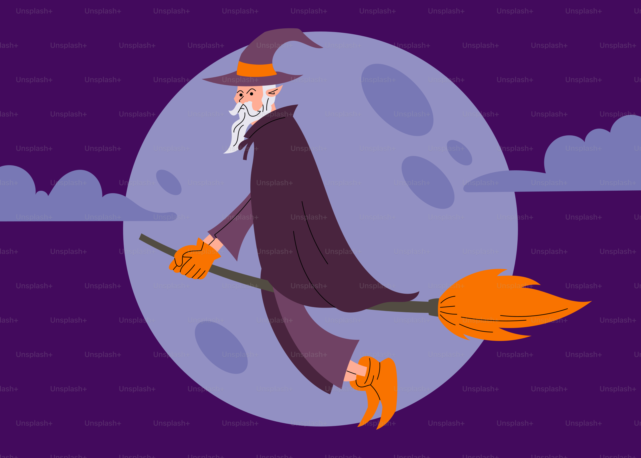 A cartoon of a witch flying on a broom