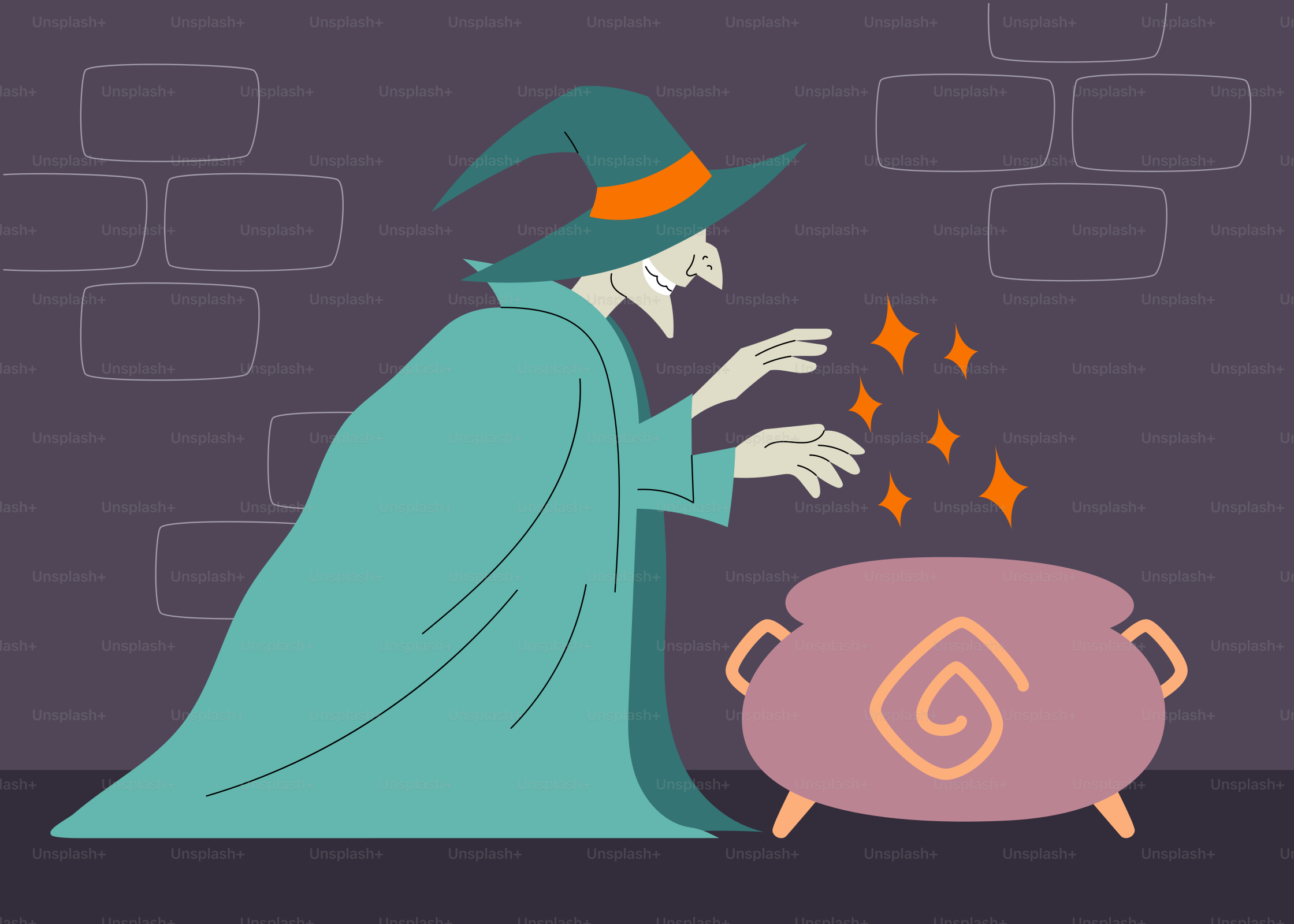 A cartoon of a wizard putting a spell into a pot