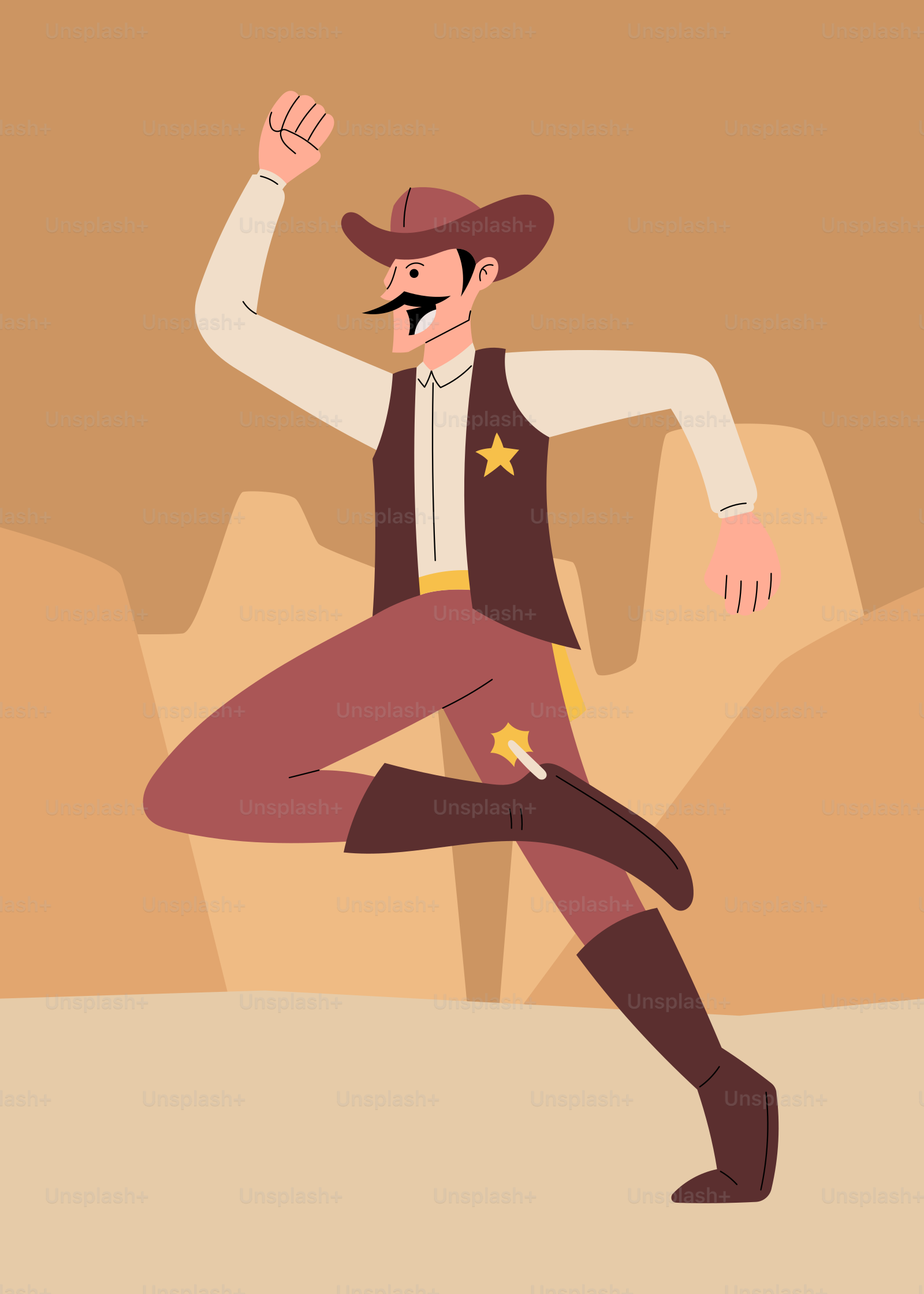 A man in a cowboy outfit is dancing in the desert
