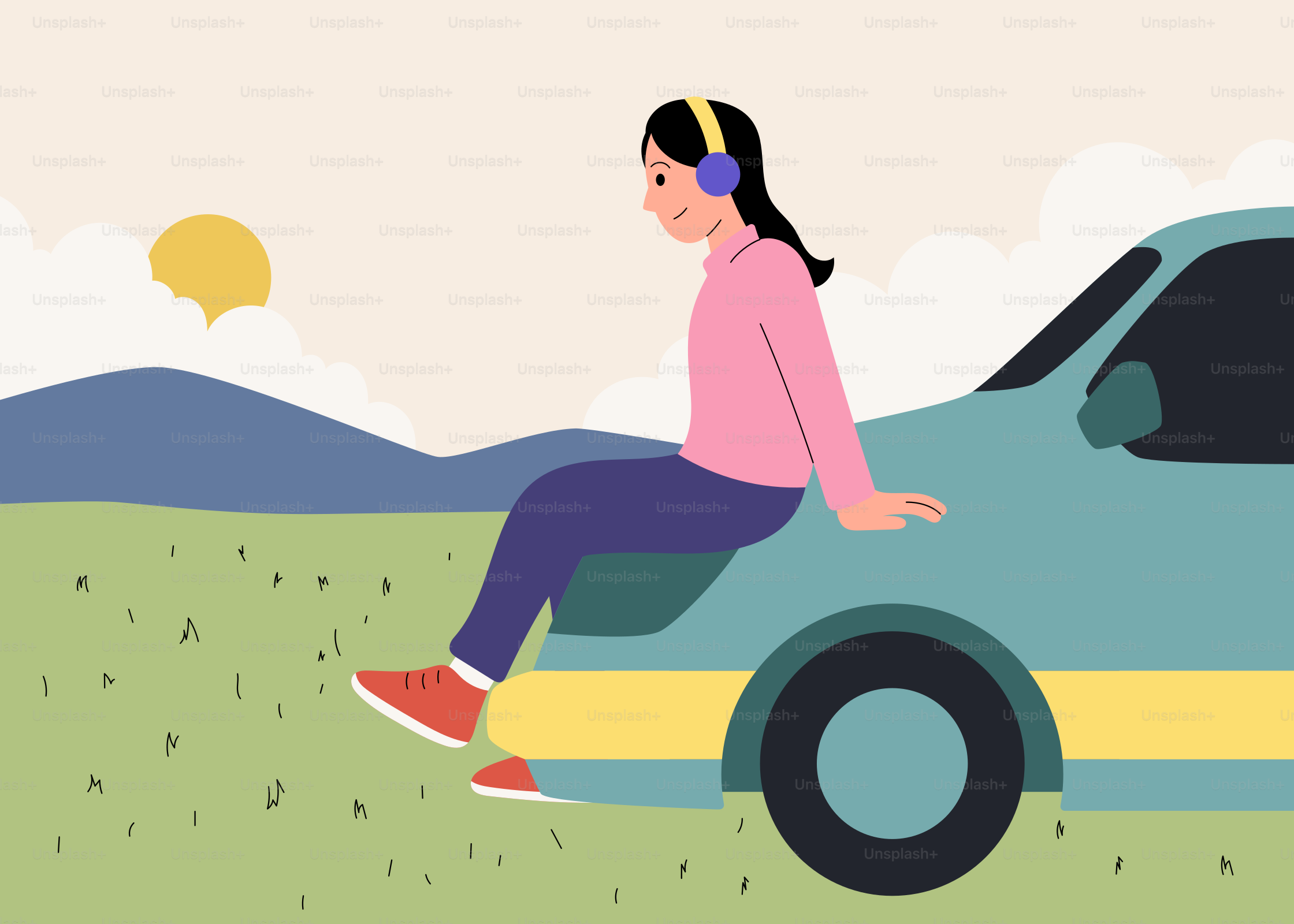 A woman sitting on the hood of a car