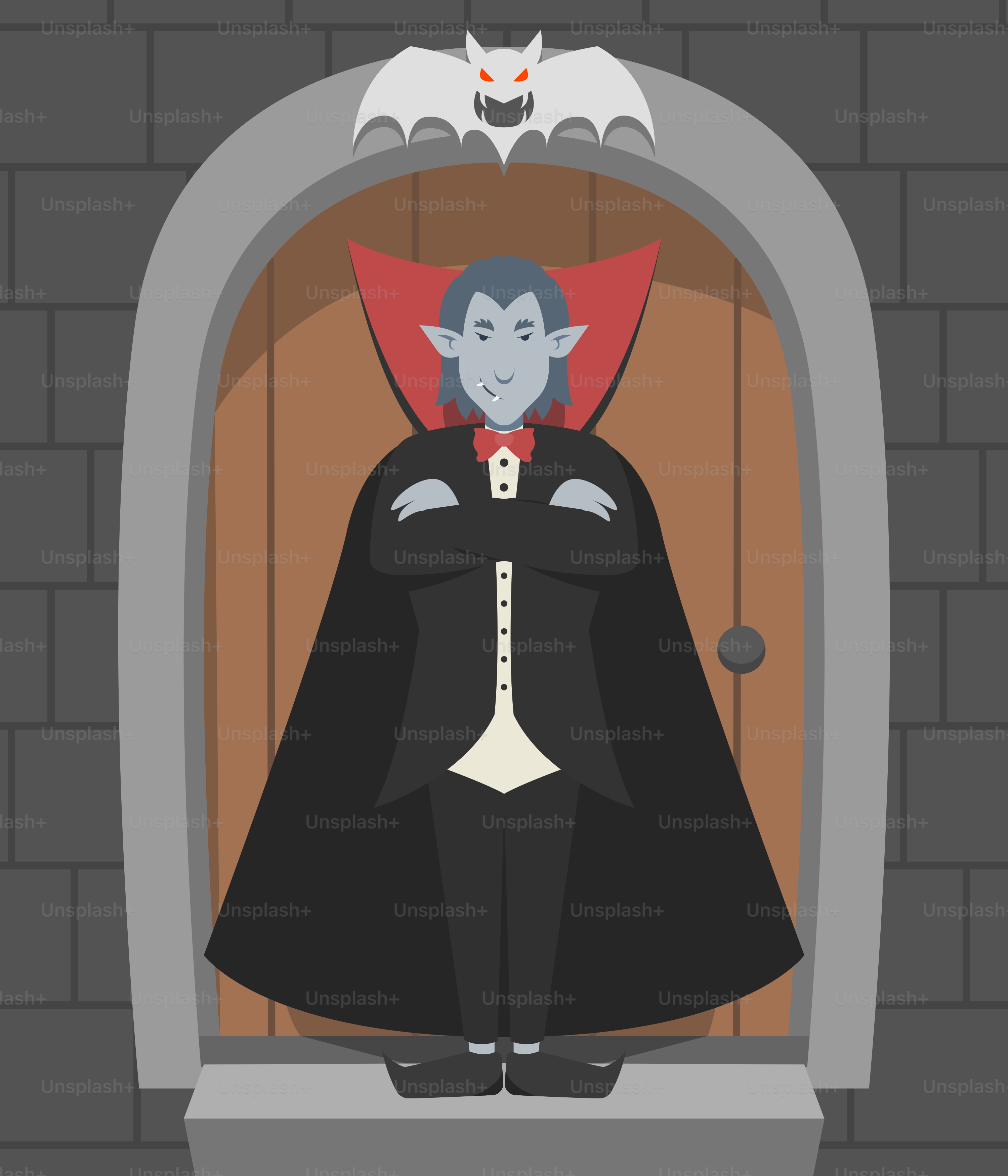 A cartoon of a dracula standing in a doorway