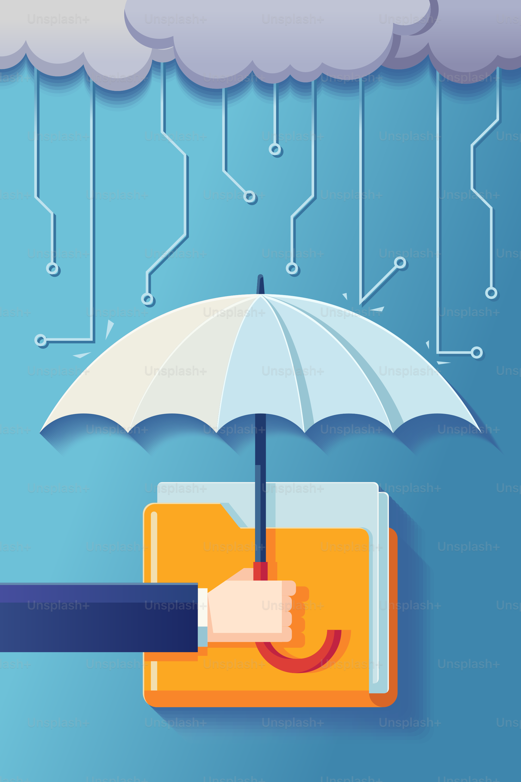 Uma mão segurando um guarda-chuva sobre uma pasta