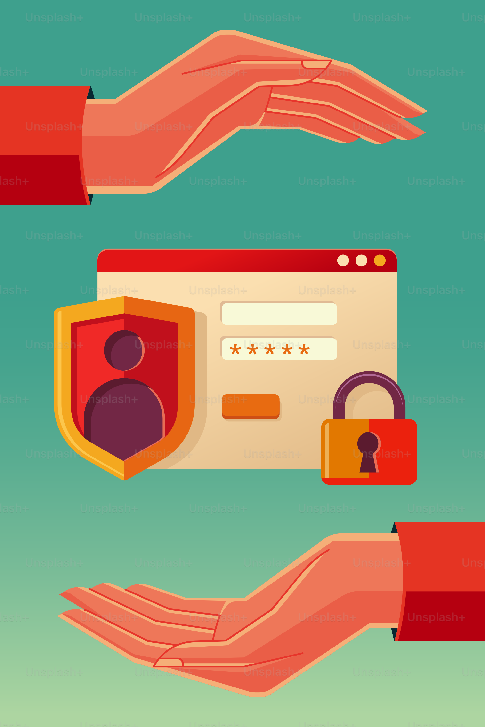 Duas mãos segurando uma almofada com cadeado e um cadeado