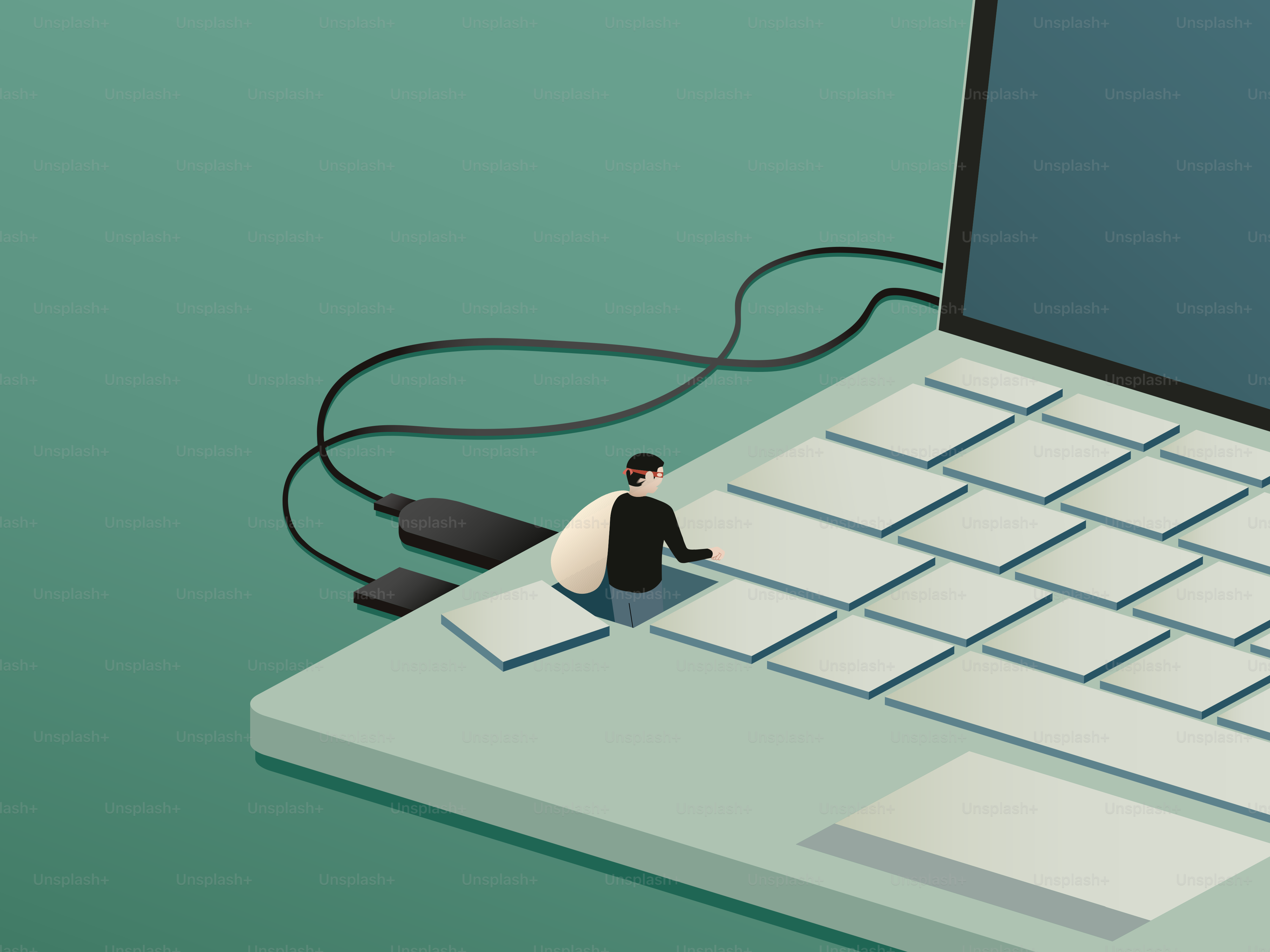 Komputer laptop dengan seseorang duduk di keyboard