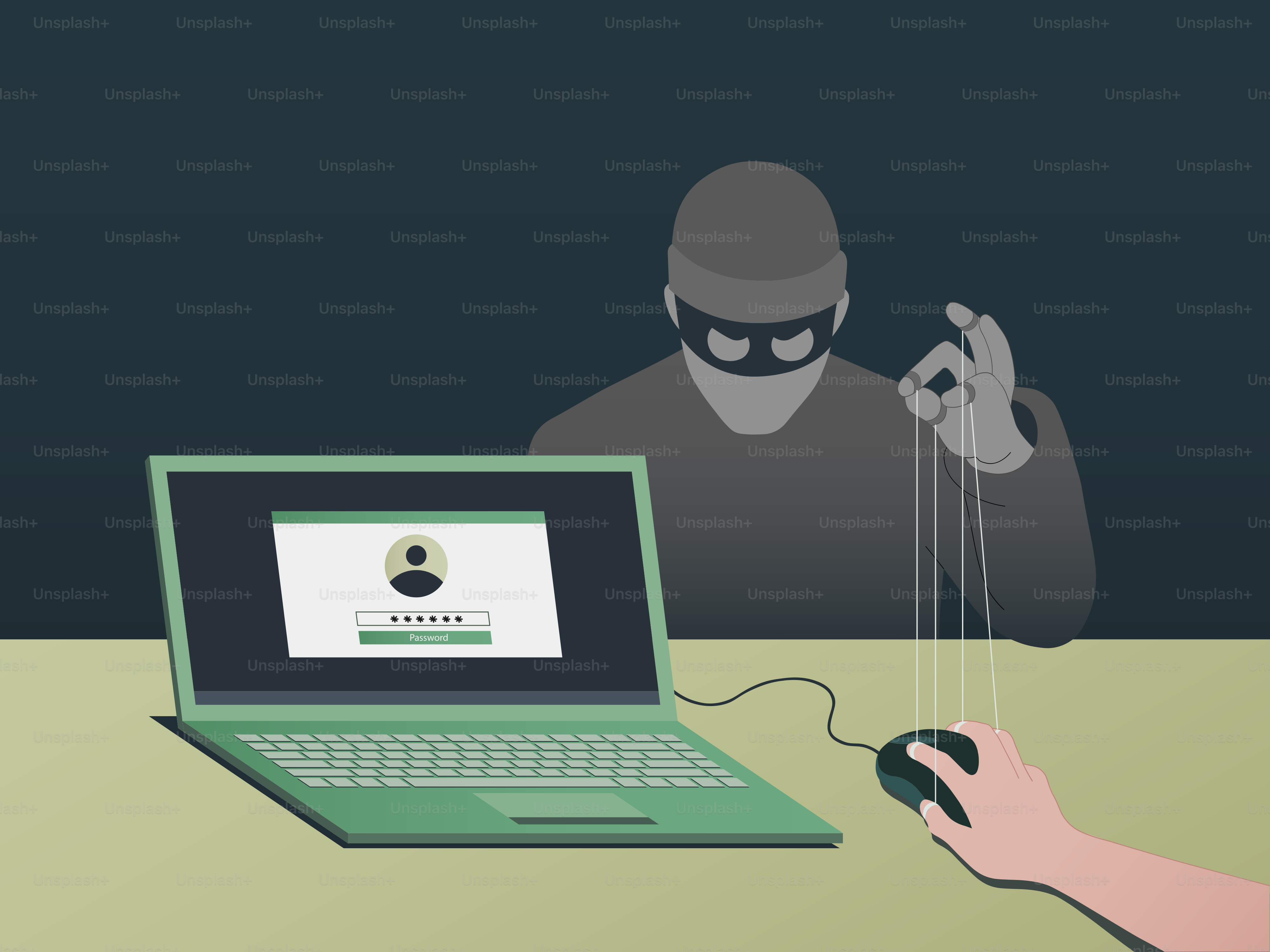 A person holding a mouse and a laptop on a table