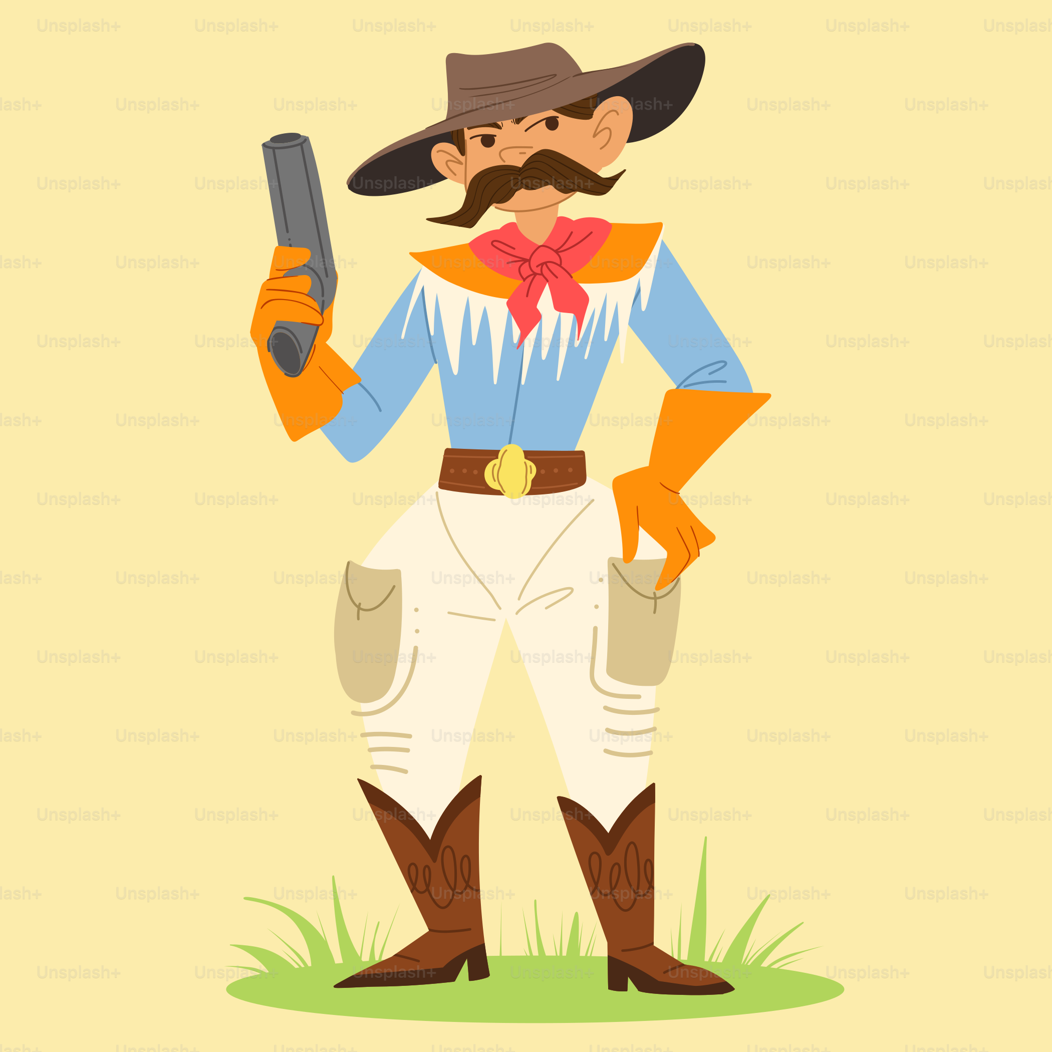 A man in a cowboy outfit holding a gun