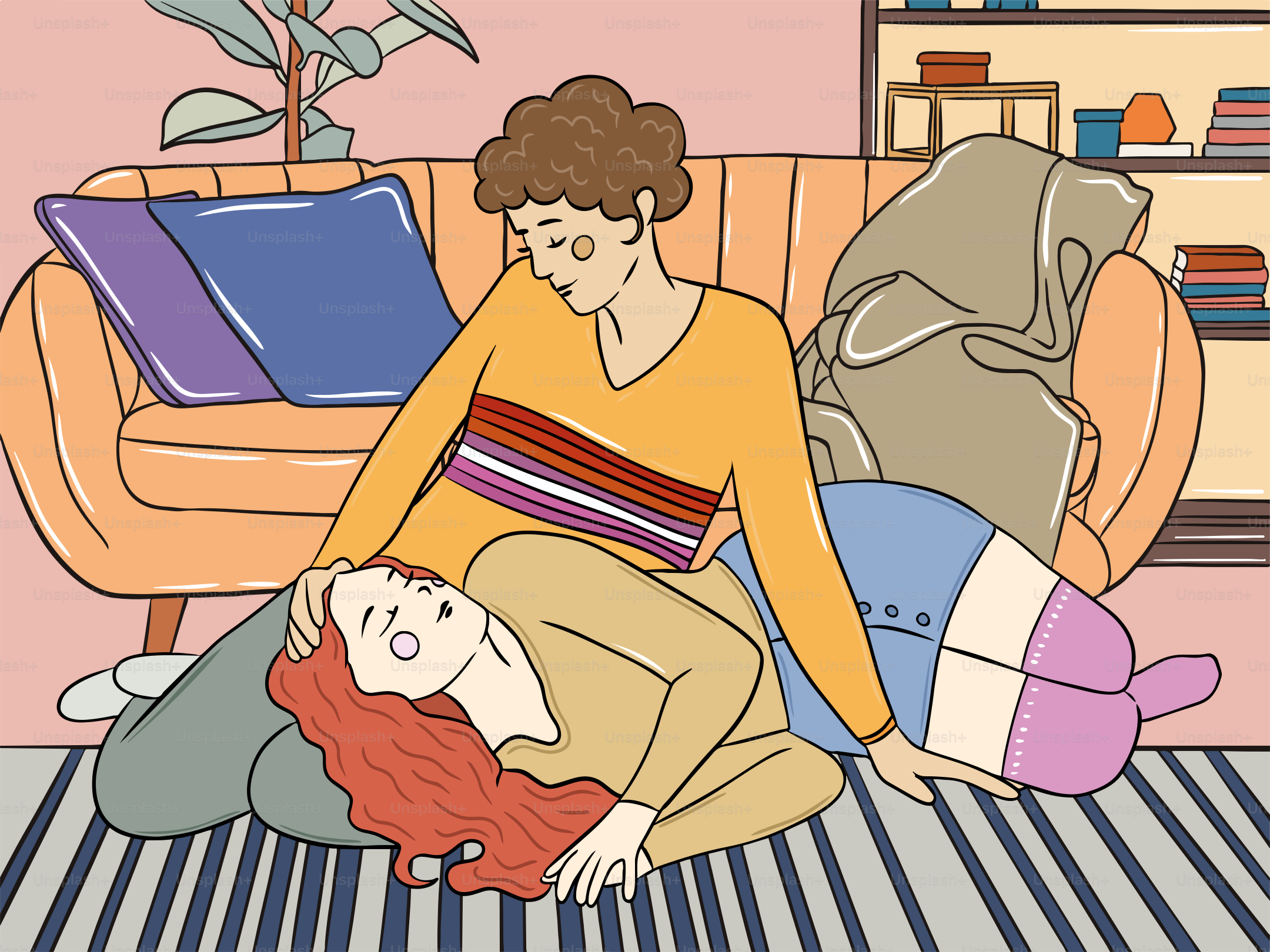 A woman sitting on the floor next to a child