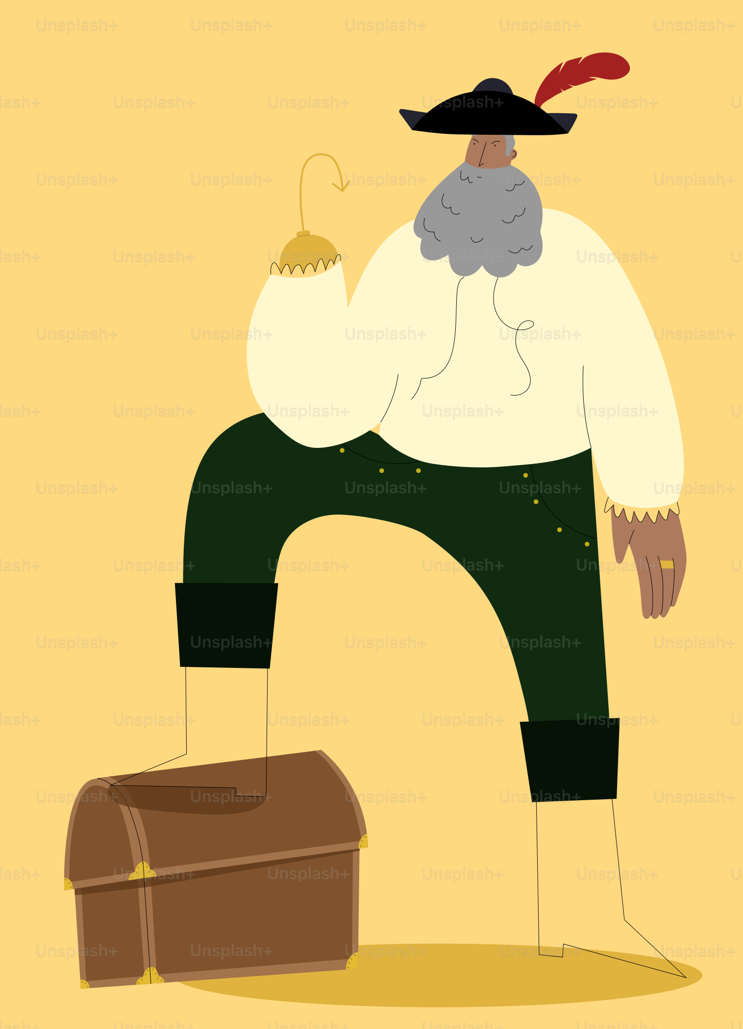 A man with a hat and green pants standing next to a chest