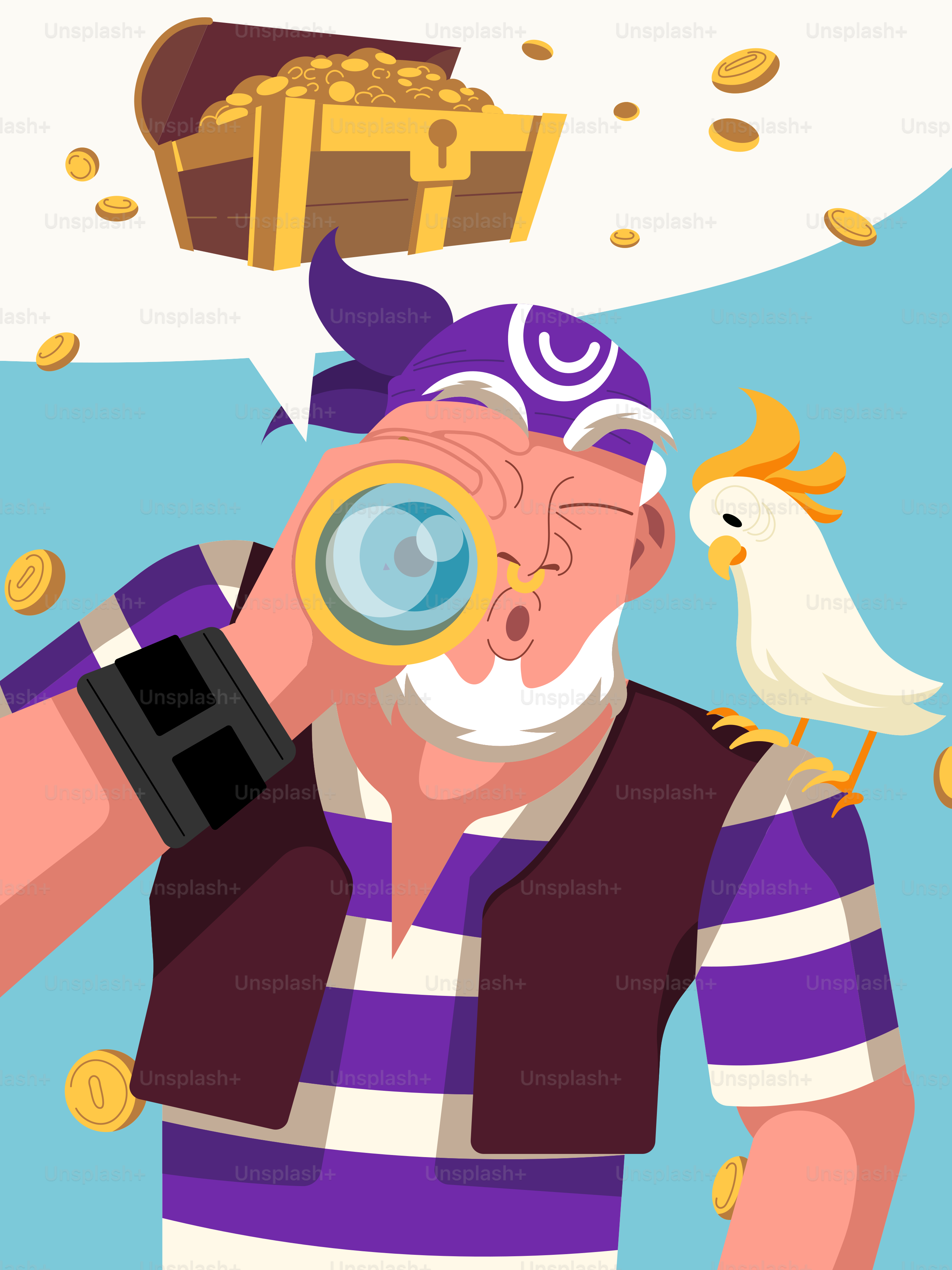 A man looking through a magnifying glass at a bird