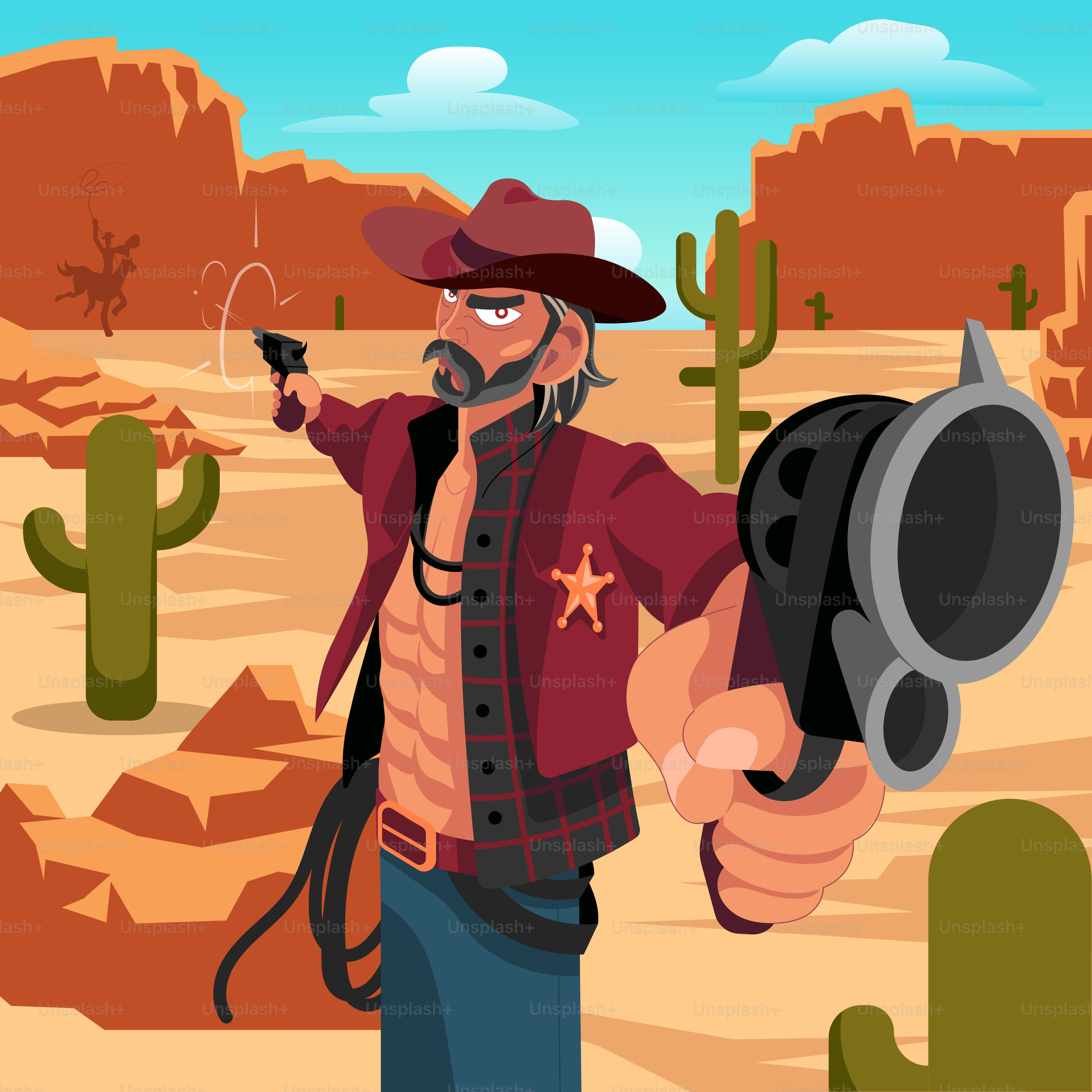 A cartoon cowboy holding a gun in a desert