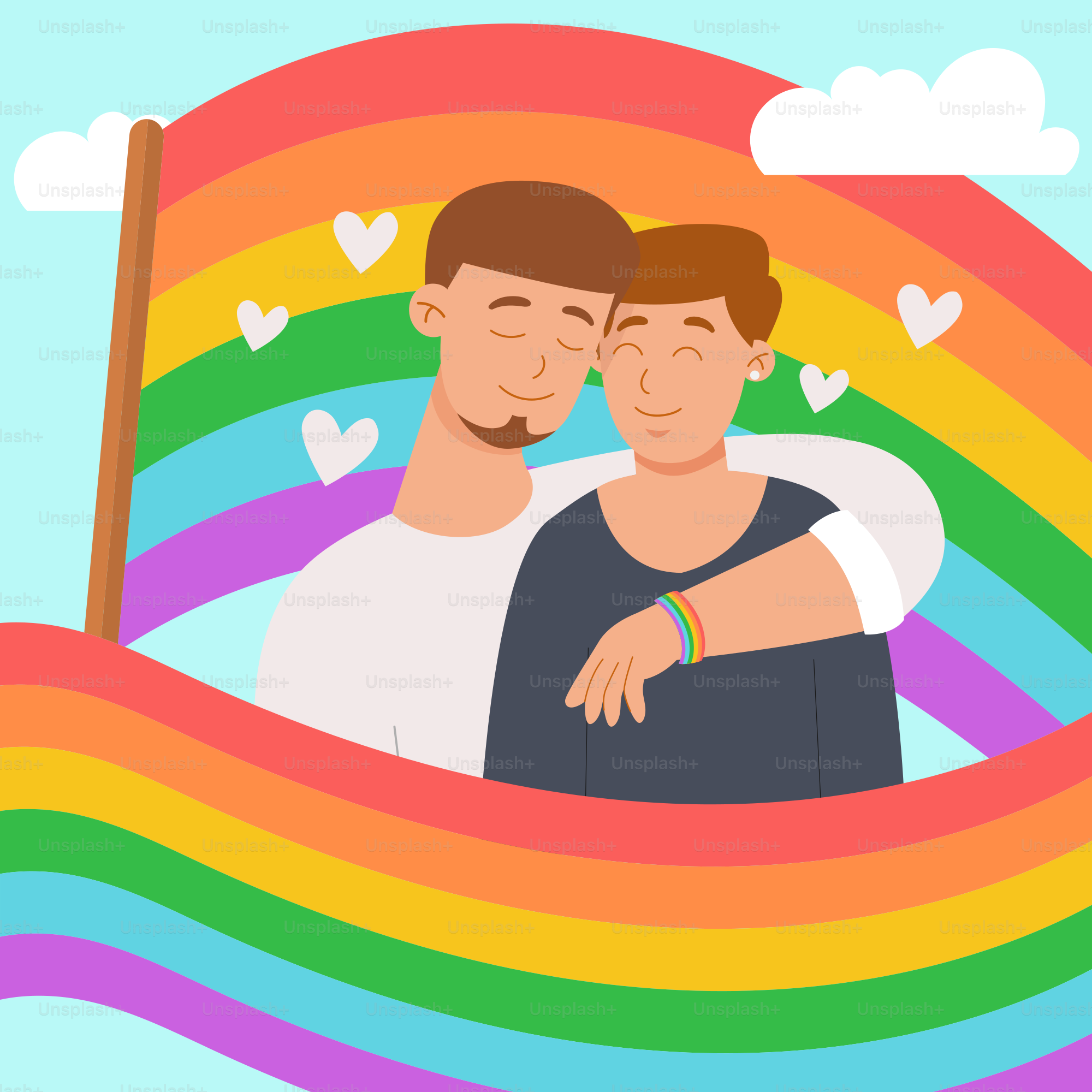 A man and a woman hugging in front of a rainbow flag