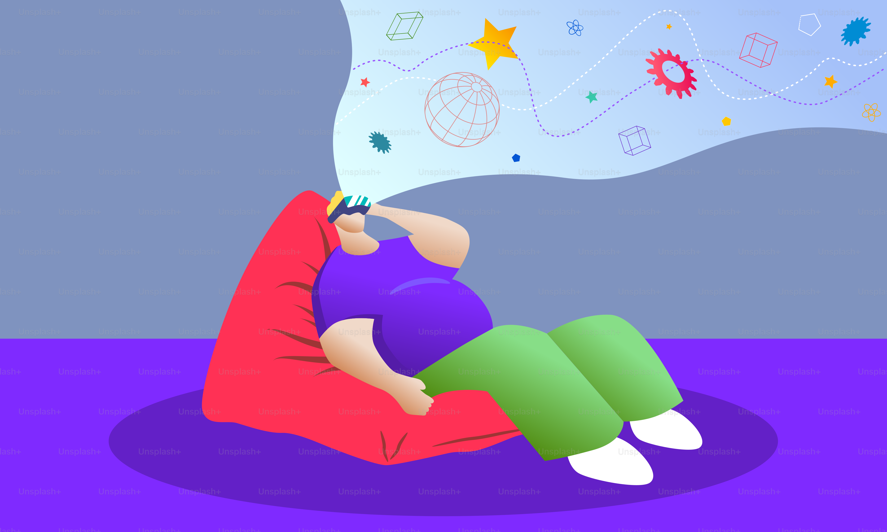 A person sitting on a couch blowing a bubble