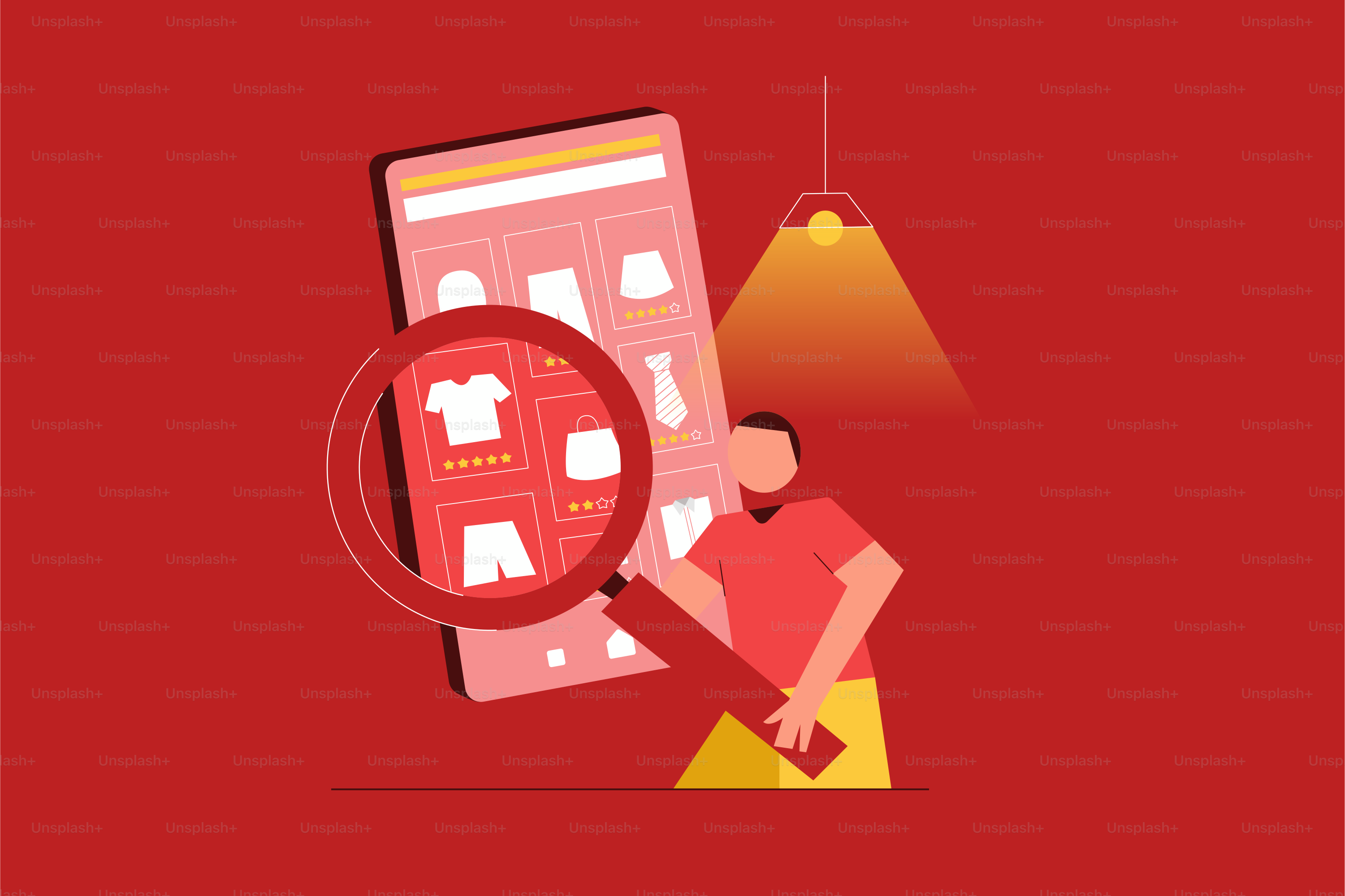 A person holding a magnifying glass in front of a red background