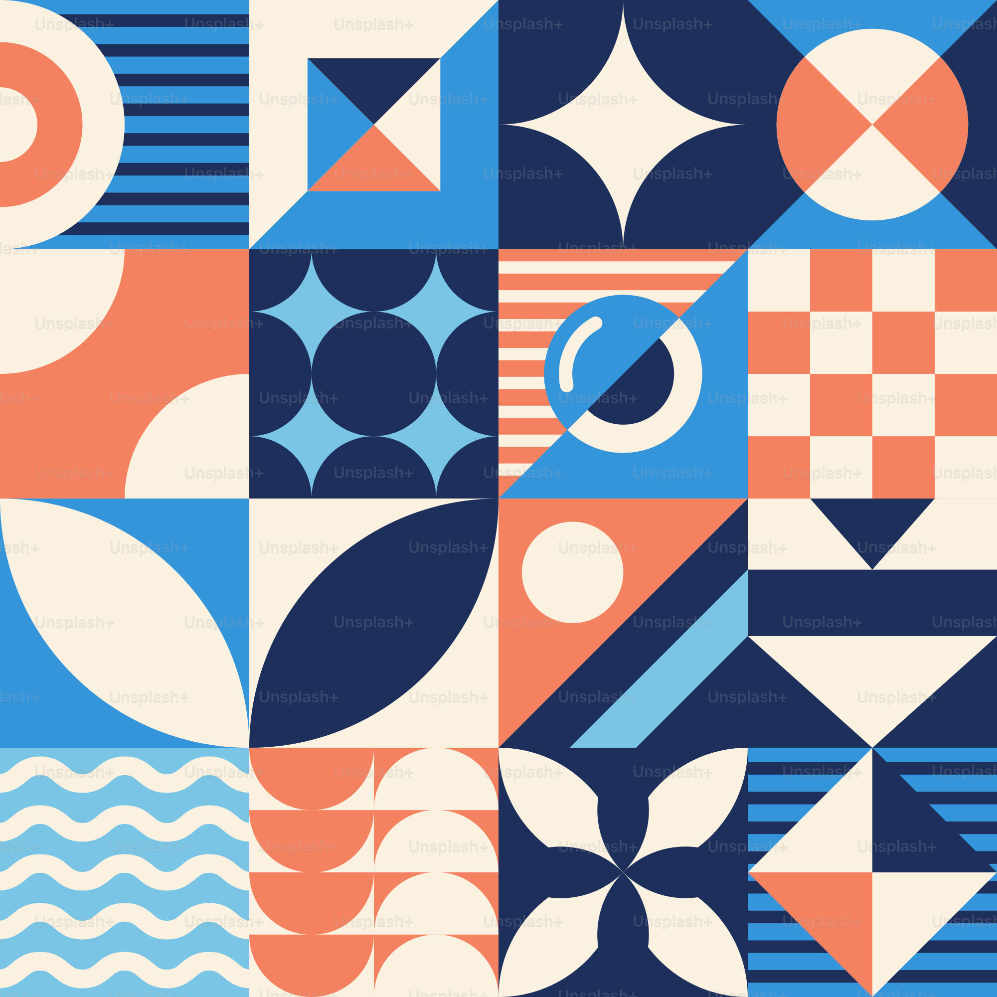 Un design astratto blu, arancione e bianco