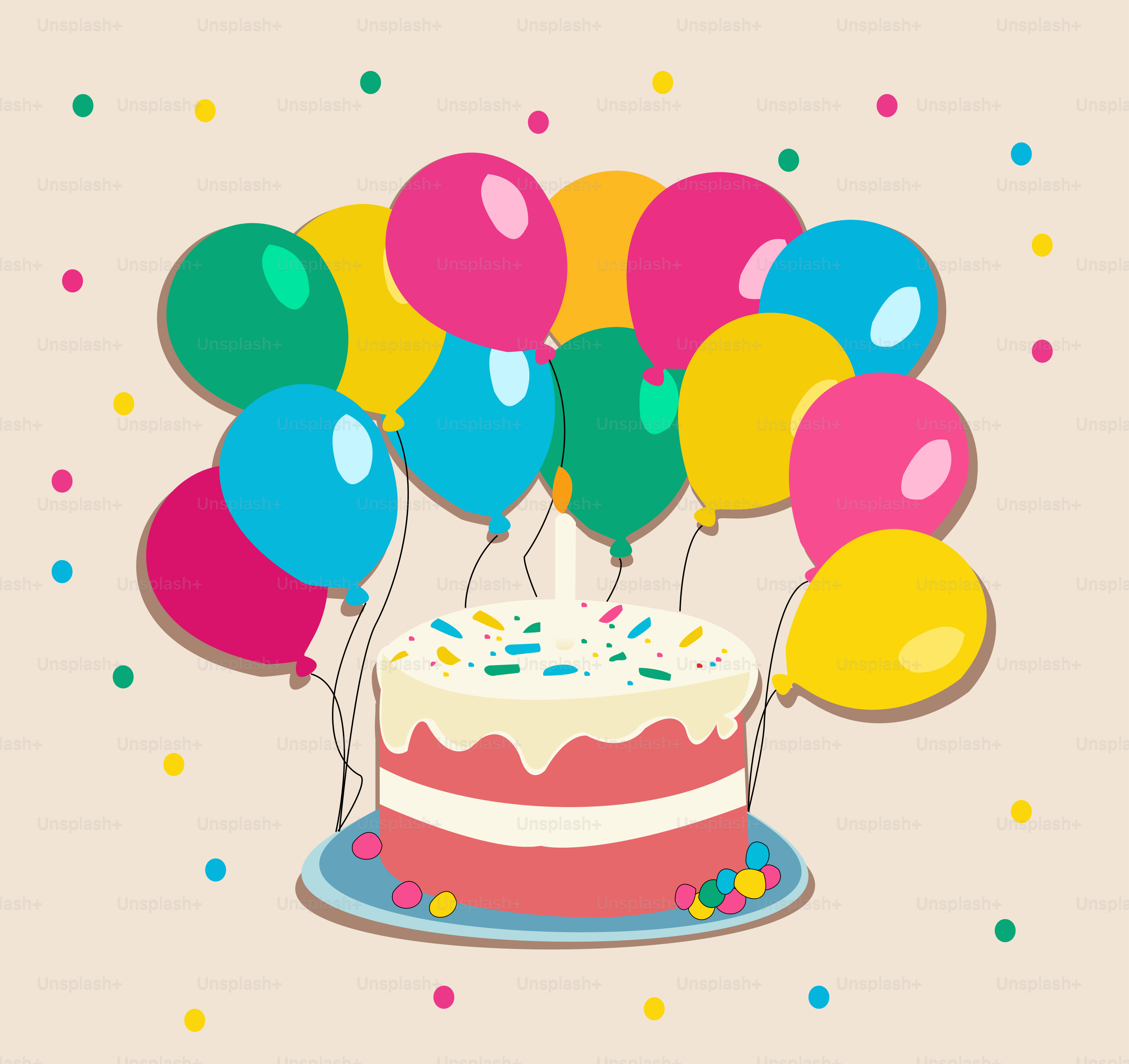 A birthday card with a cake and balloons