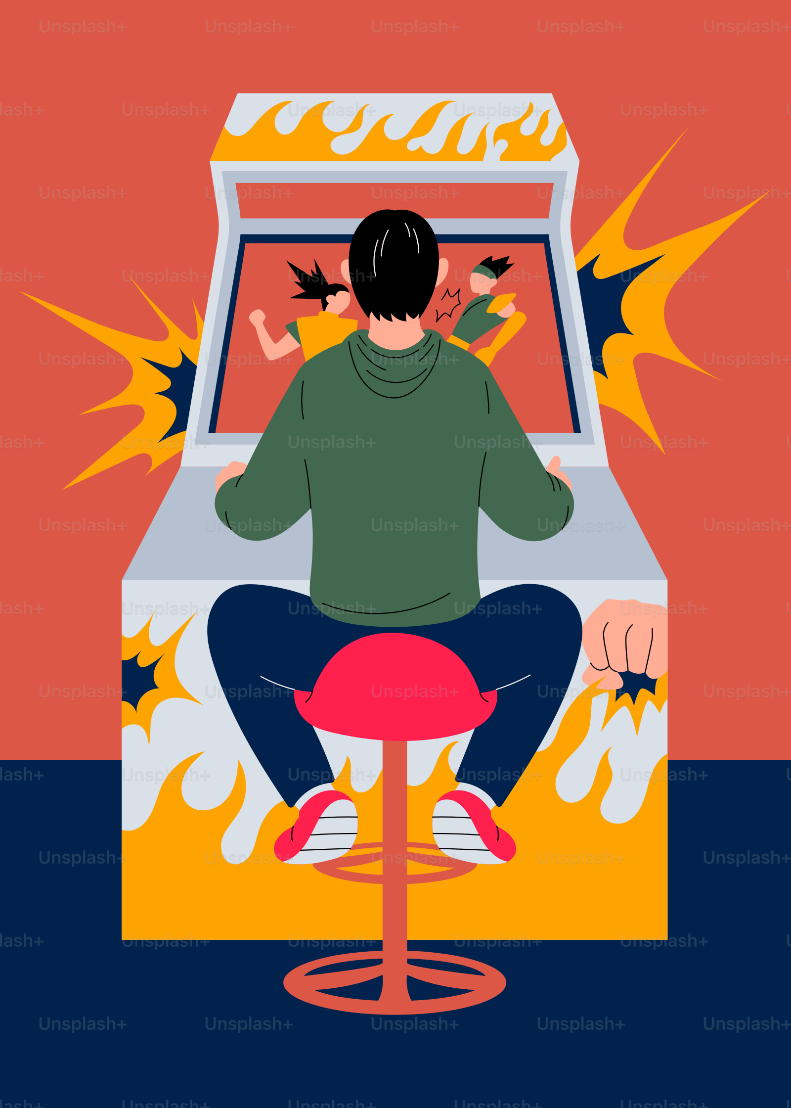 Une personne assise sur un tabouret devant un distributeur automatique