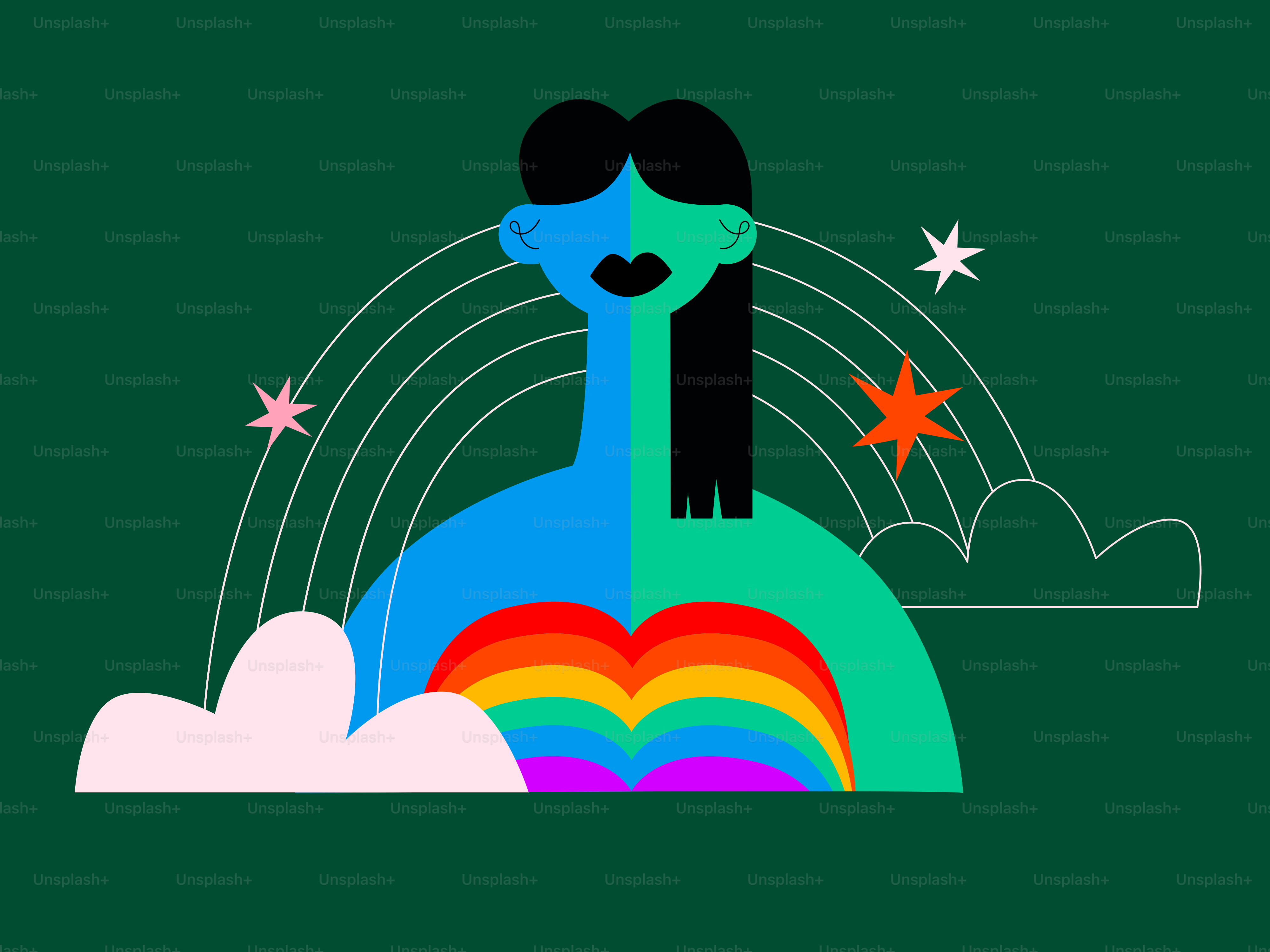 A couple kissing in front of a rainbow