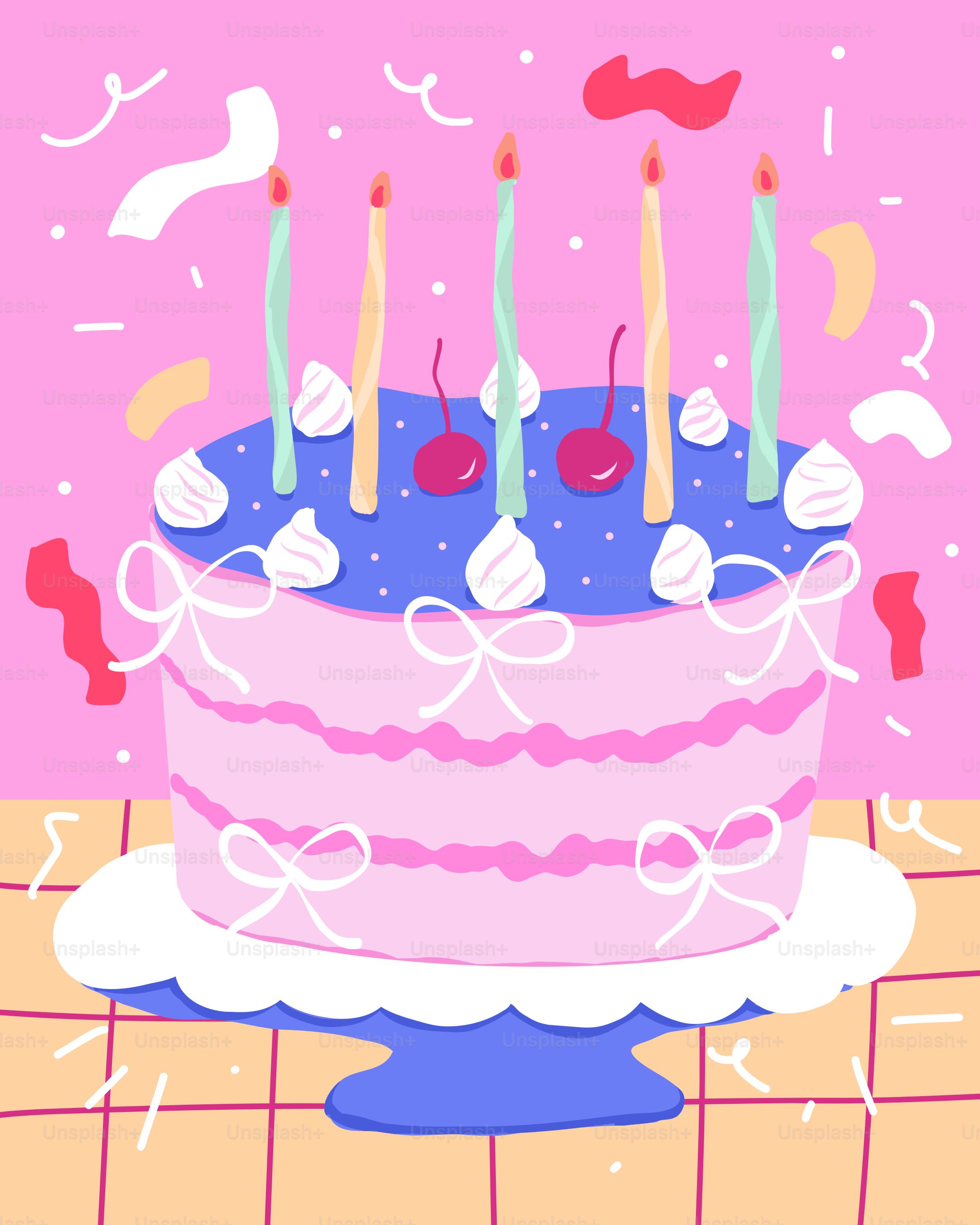 Kue ulang tahun dengan lilin yang menyala di atas meja
