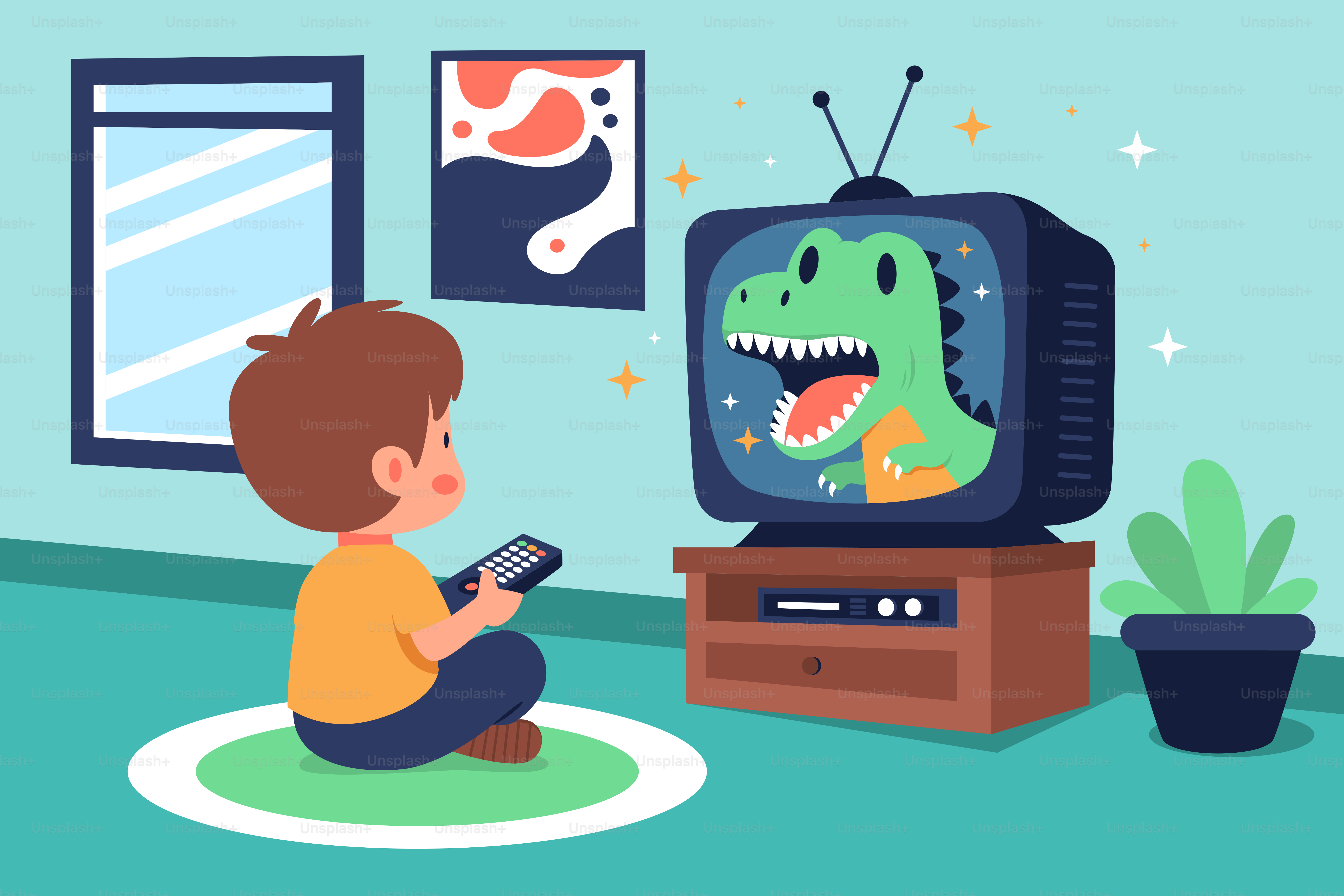 공룡이 그려진 TV 앞에 앉아 있는 어린 소년