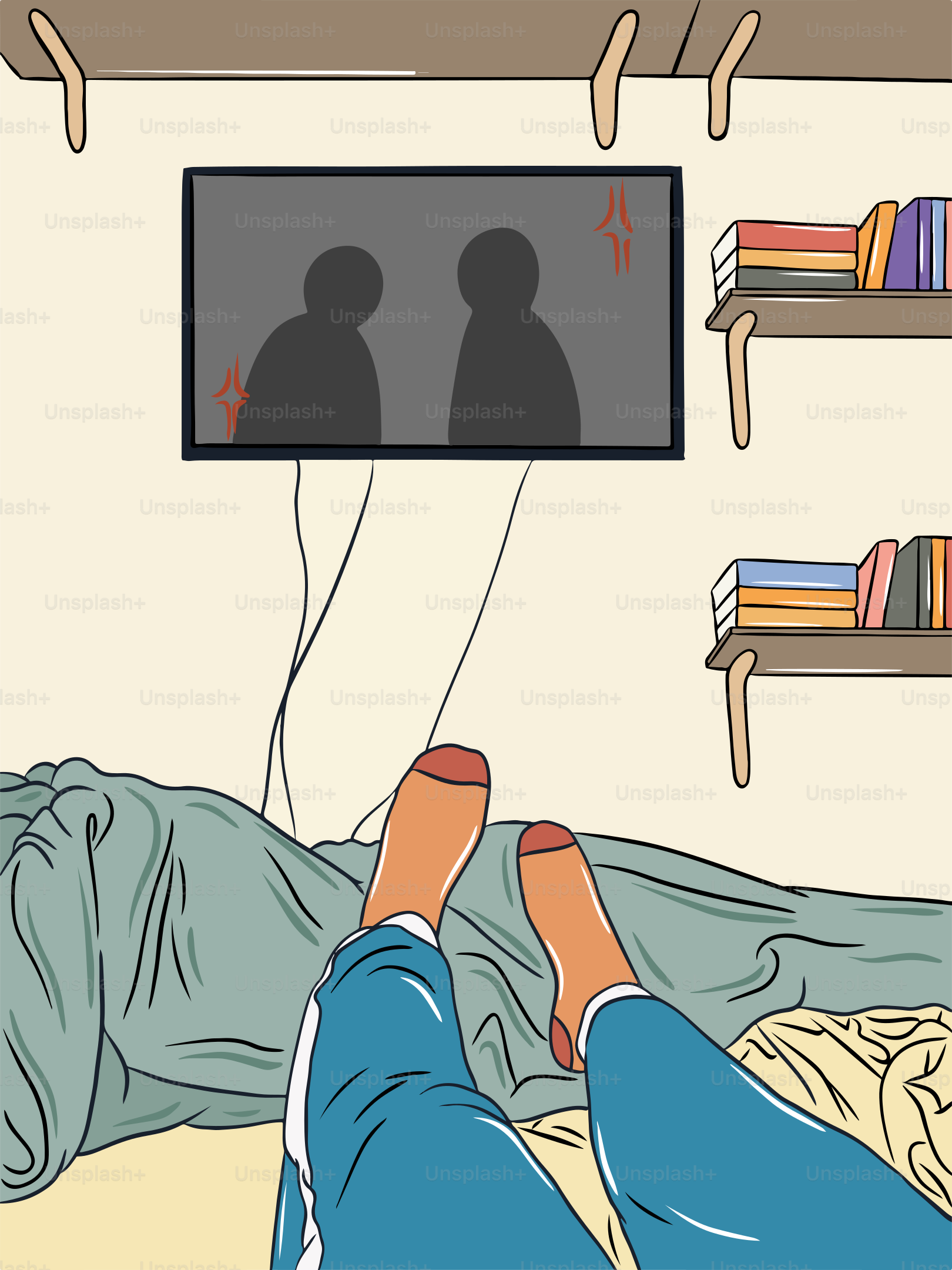 Une personne allongée sur un lit devant une télévision