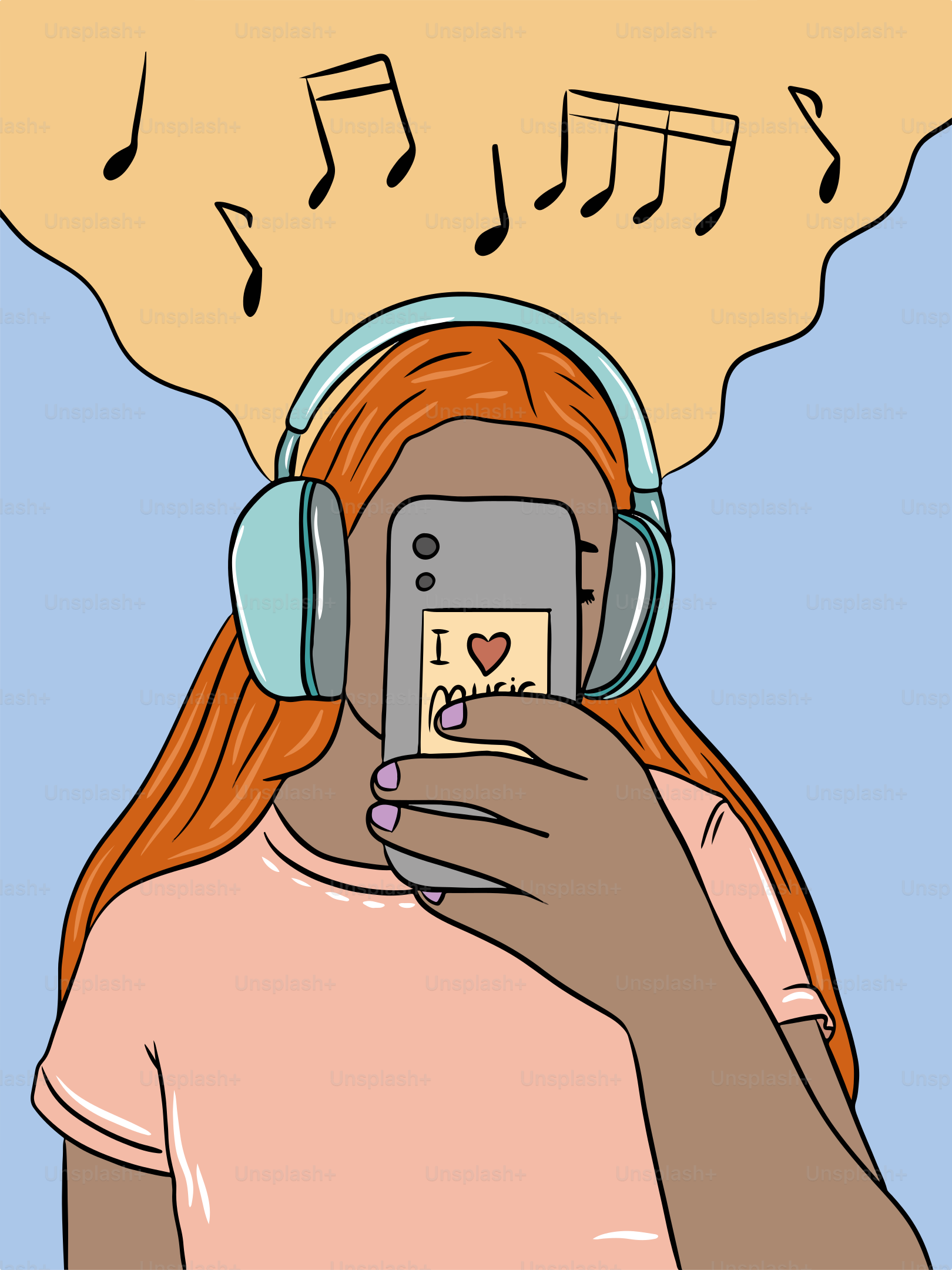 A woman with headphones is looking at her cell phone