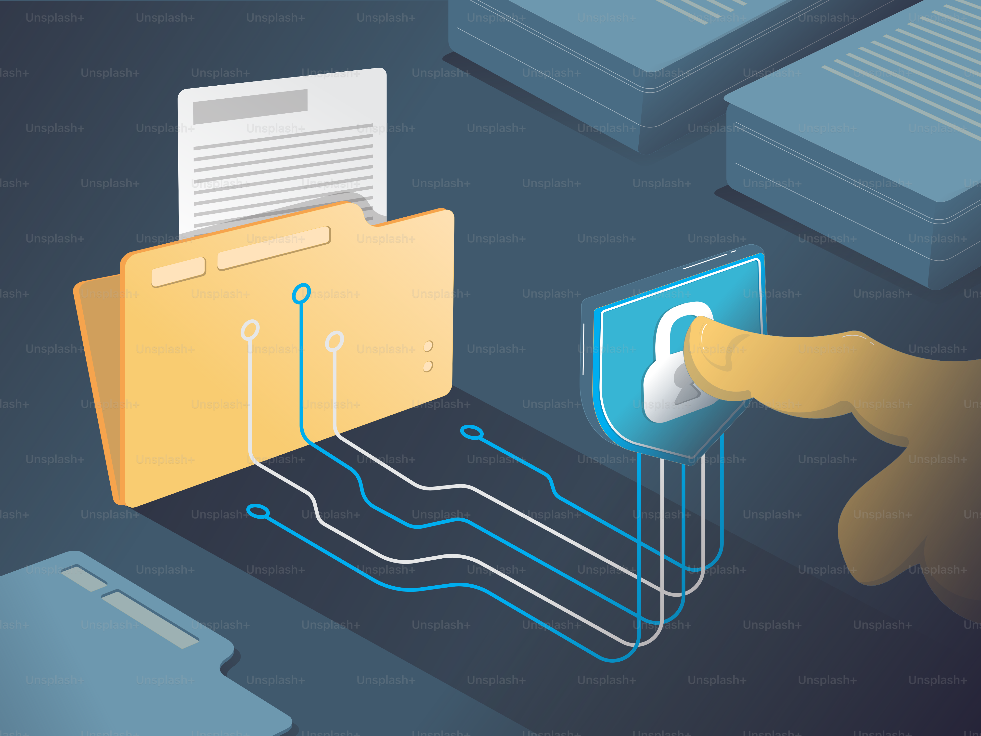 A hand is pressing a button on a folder