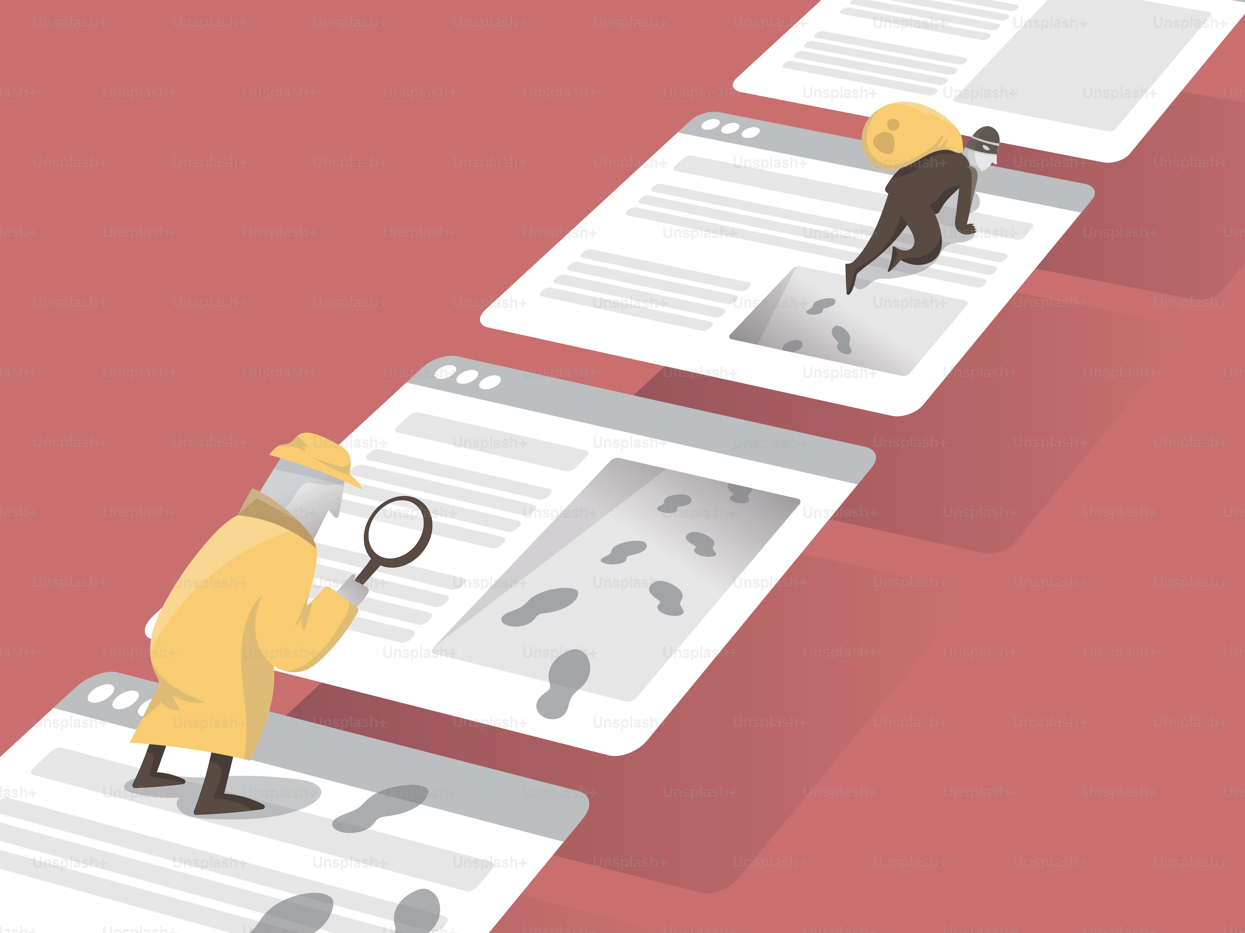 A man looking through a magnifying glass in front of a row of papers