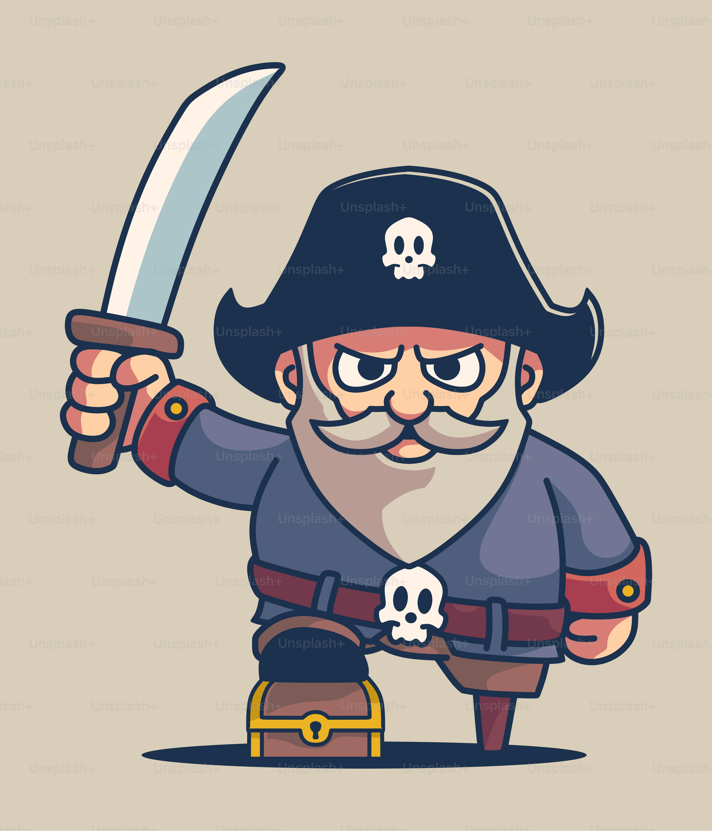 A cartoon pirate holding a sword and a bag