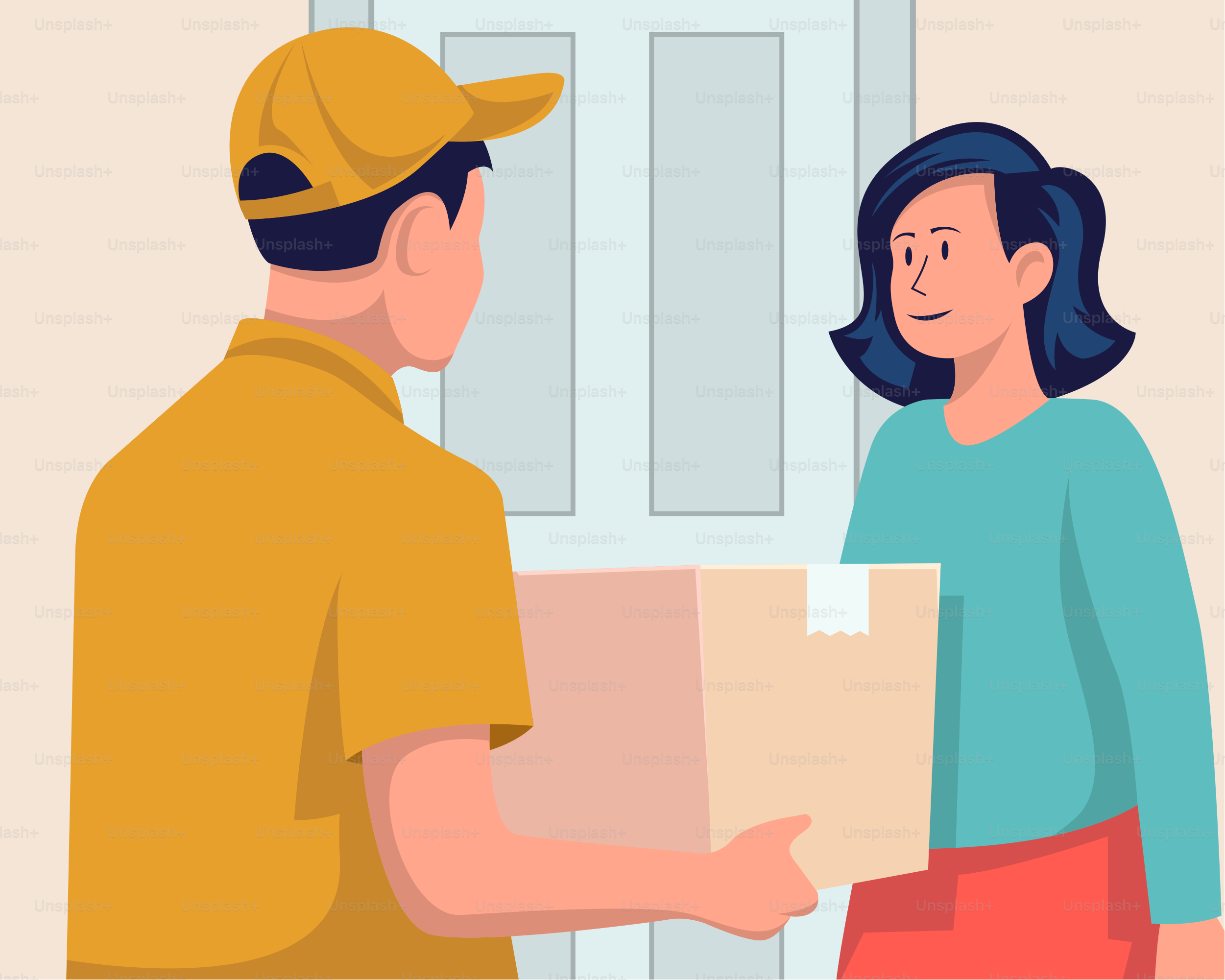 A man handing a woman a box in front of a door