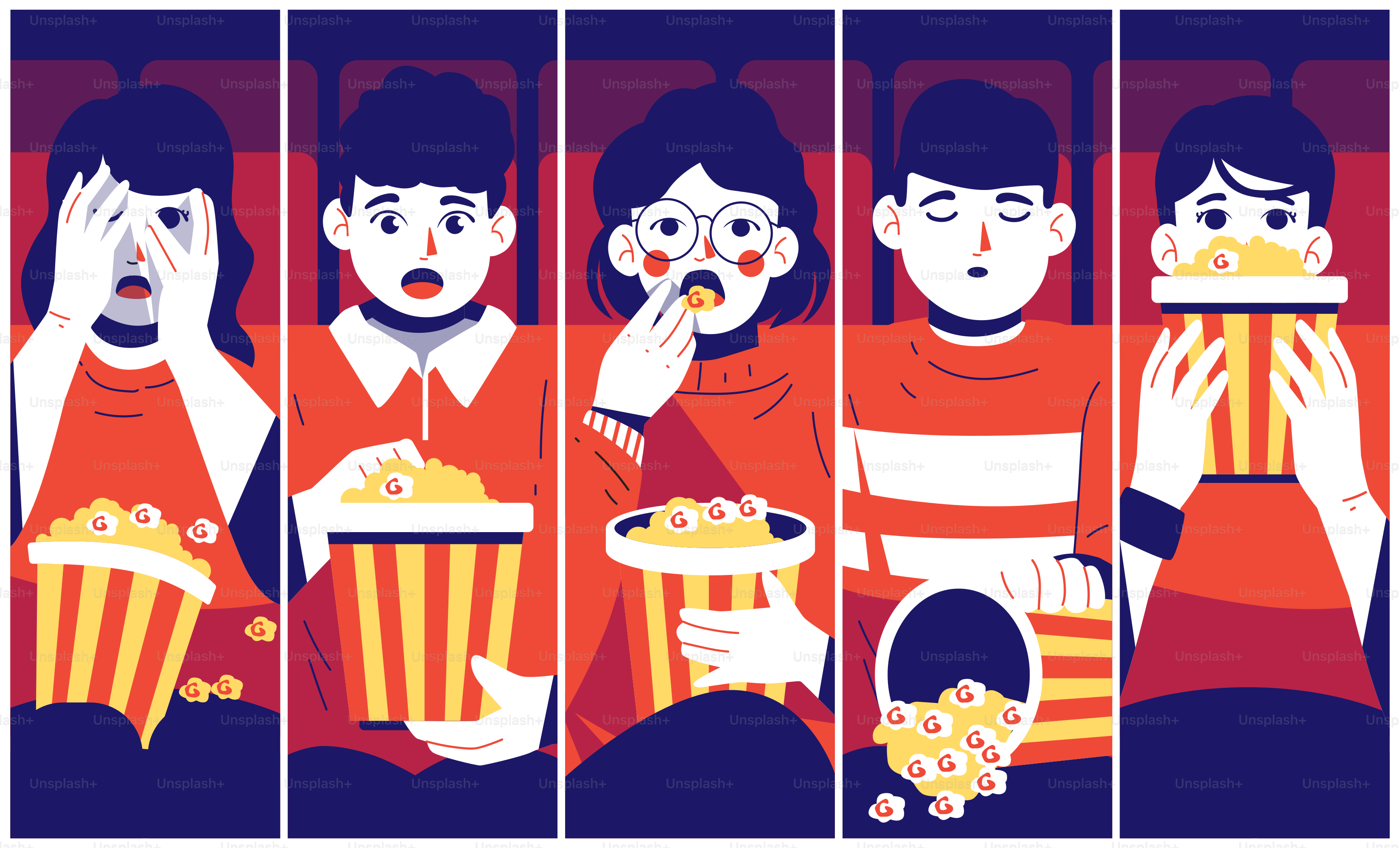 A group of people eating popcorn and watching a movie