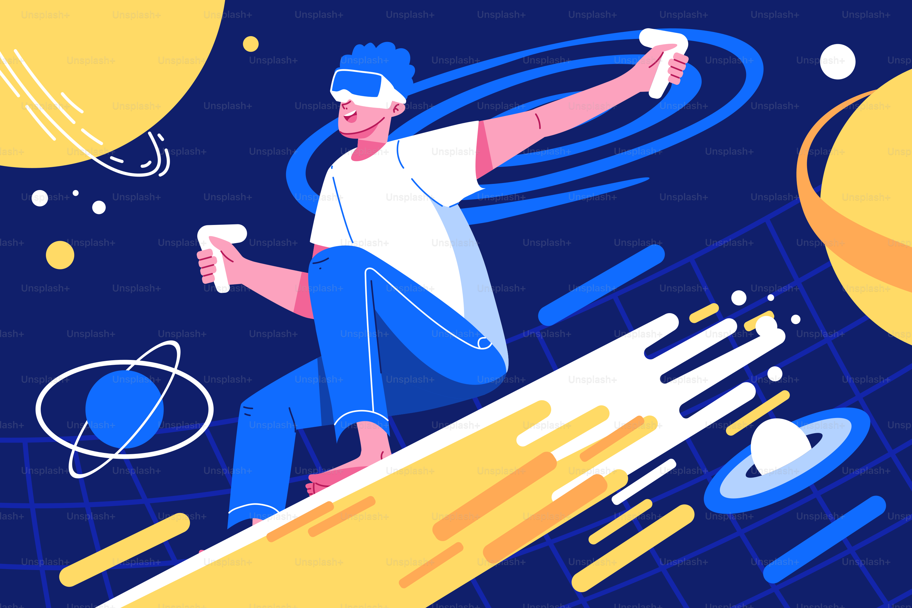 A man riding a skateboard through space