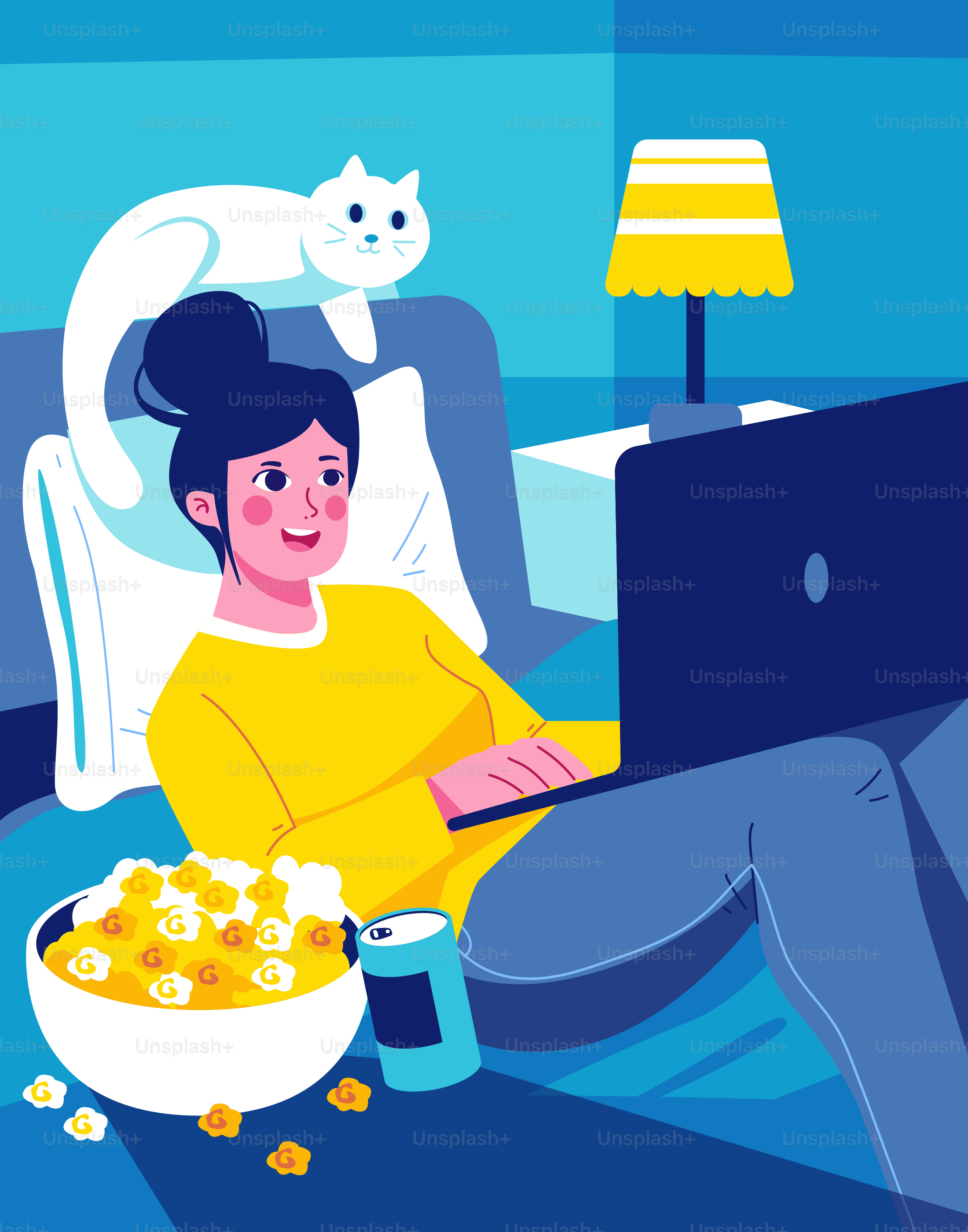 A woman sitting on a bed with a laptop and a bowl of popcorn