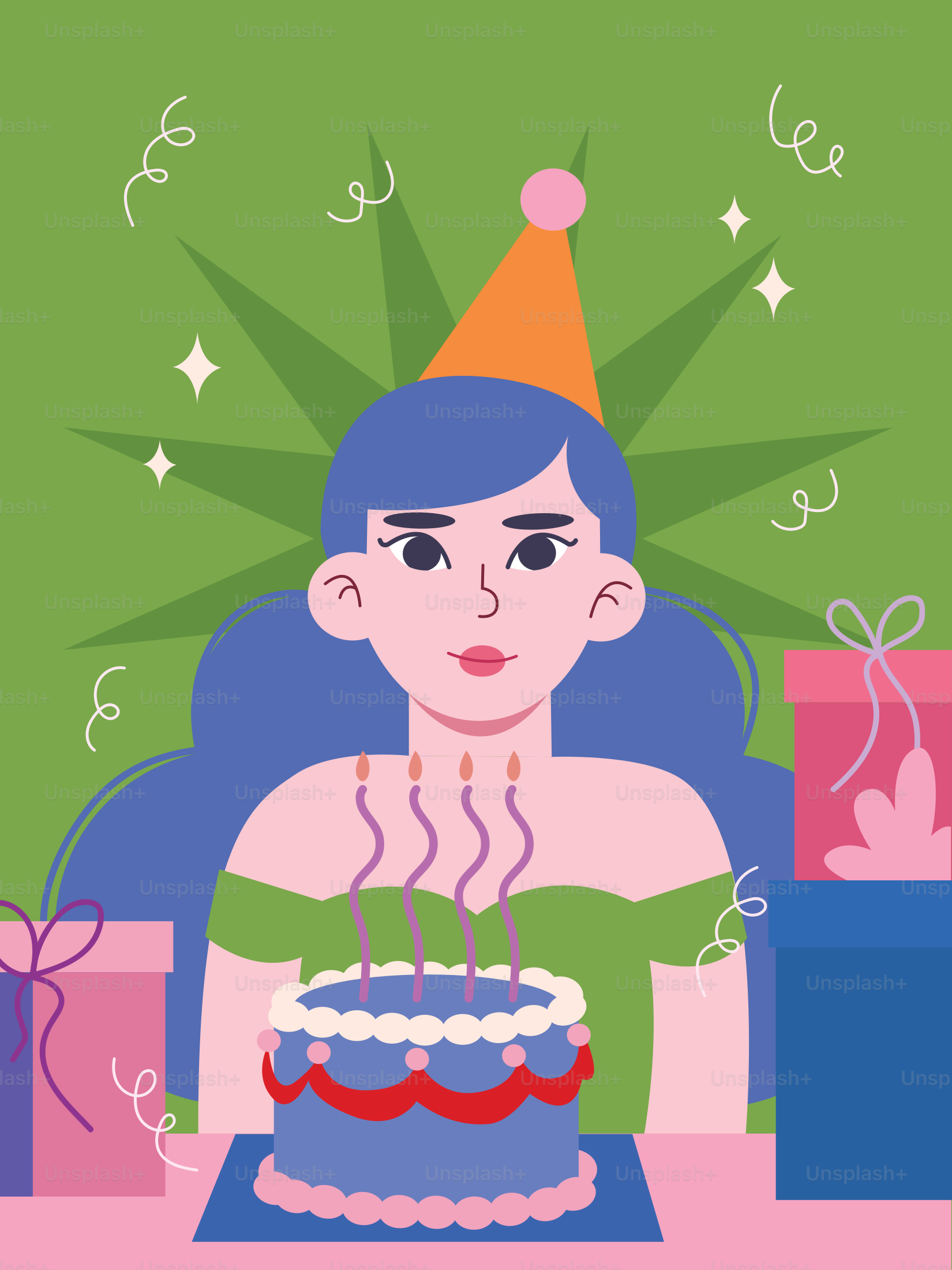 誕生日ケーキを置いてテーブルに座る女性