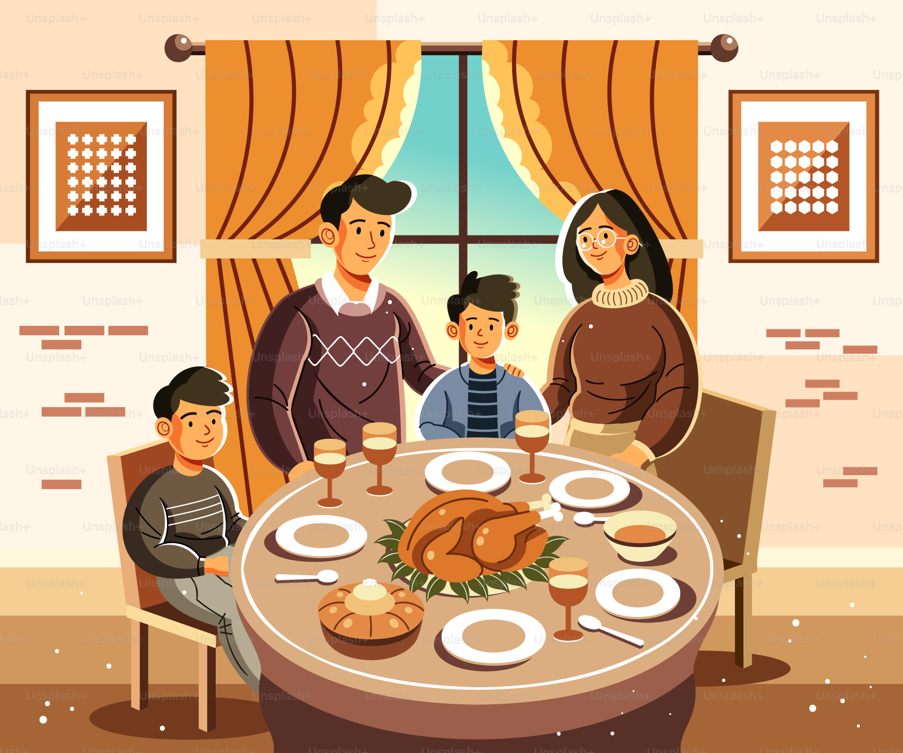 Vektor Sebuah keluarga duduk mengelilingi meja dengan kalkun di atasnya –  Gambar Makanan di Unsplash, image size:3000x2500