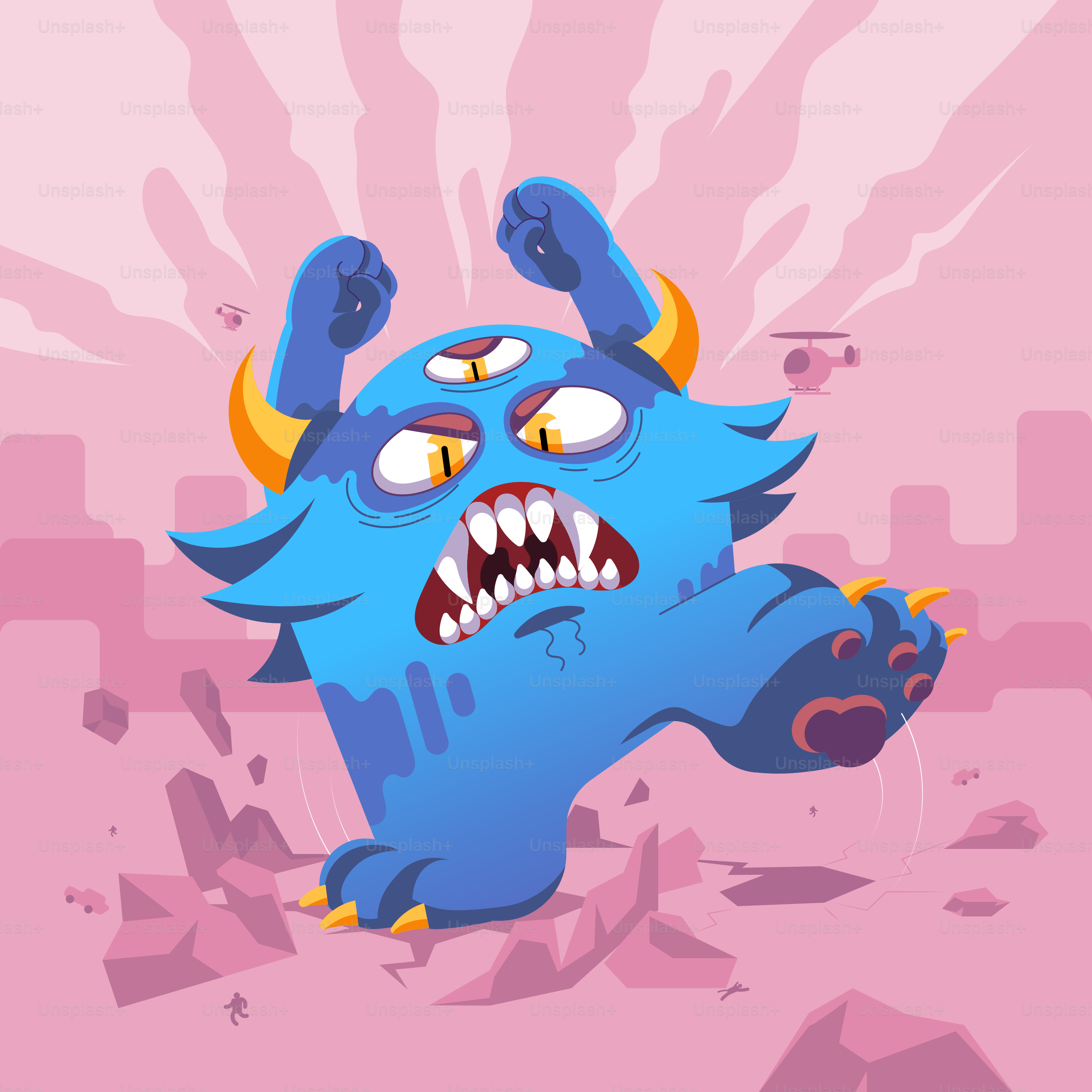 A blue monster with horns and horns on it's head