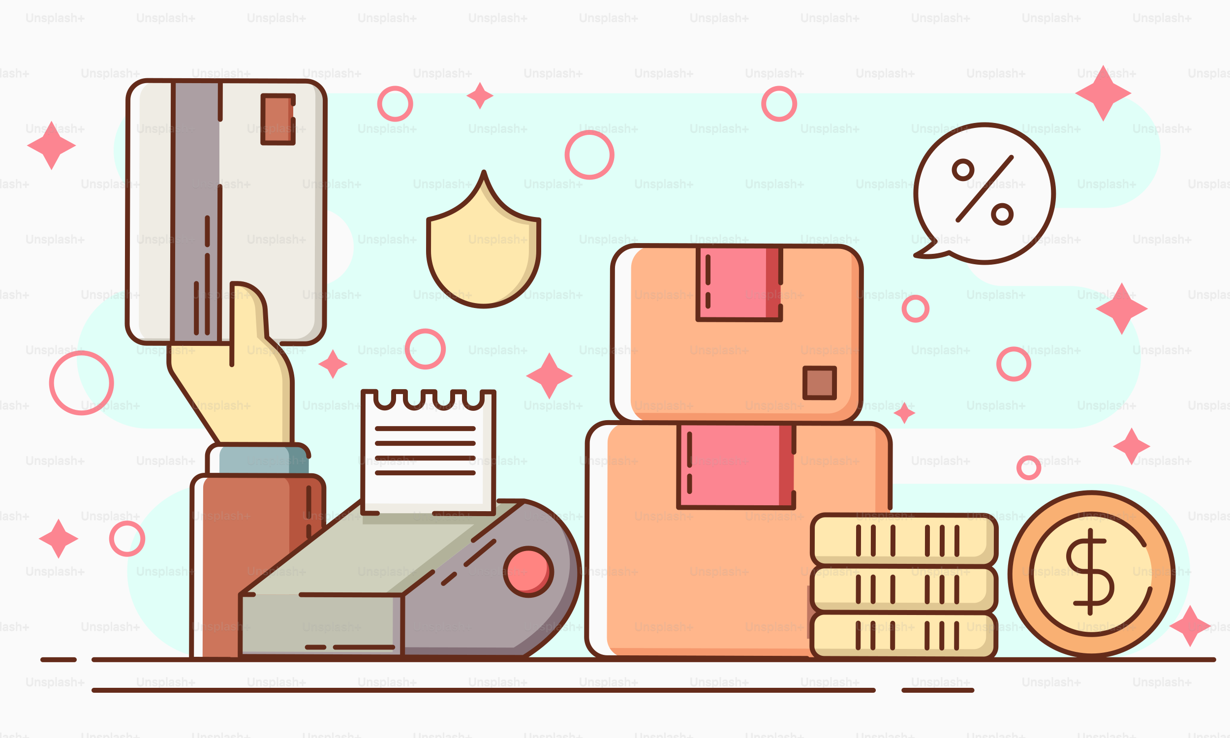 A hand holding a credit card over a pile of boxes