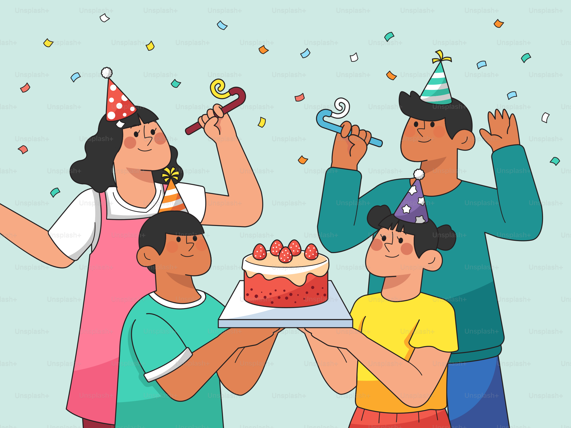 A family celebrating a birthday with a cake