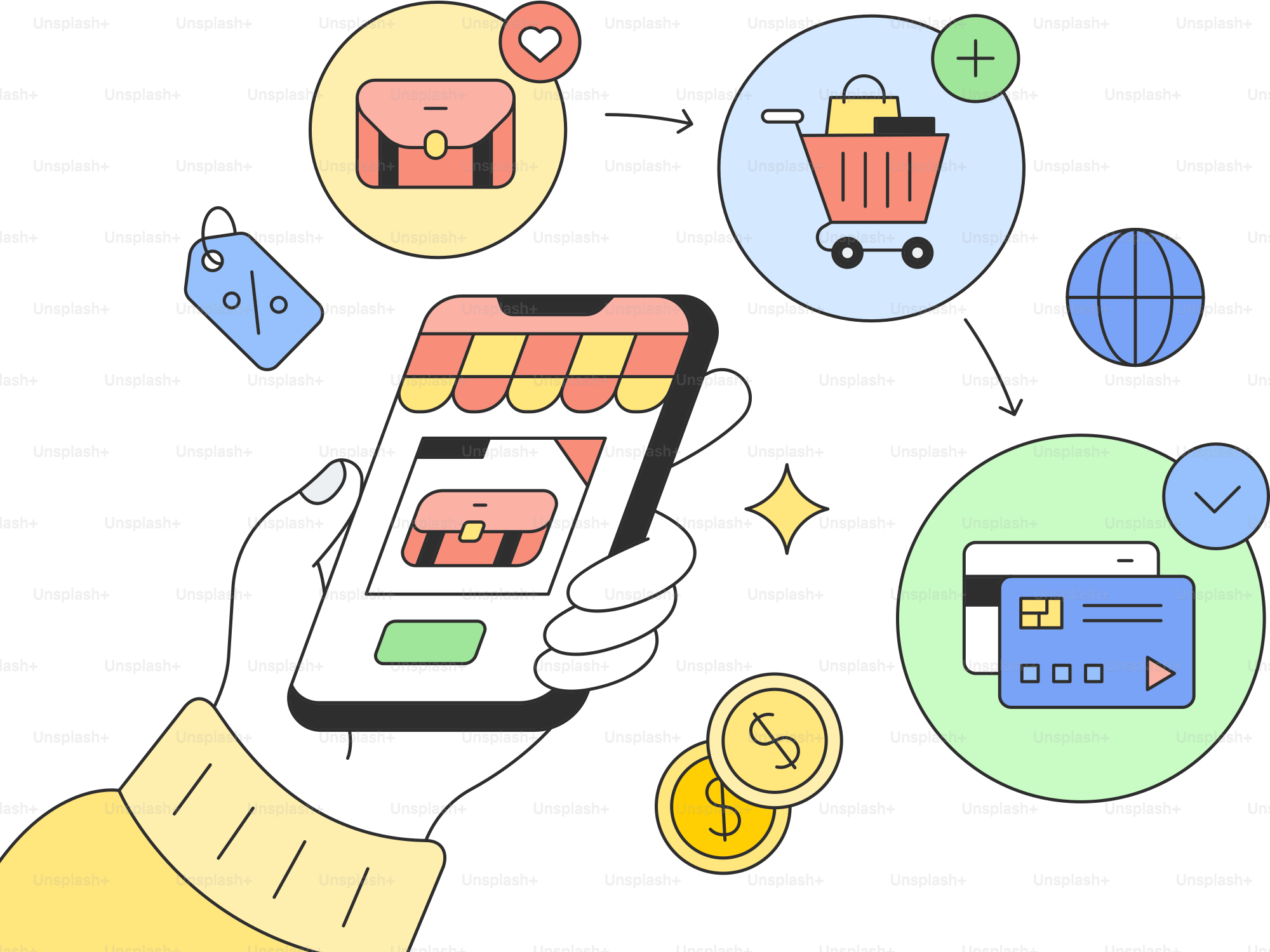 A hand holding a smart phone with icons surrounding it