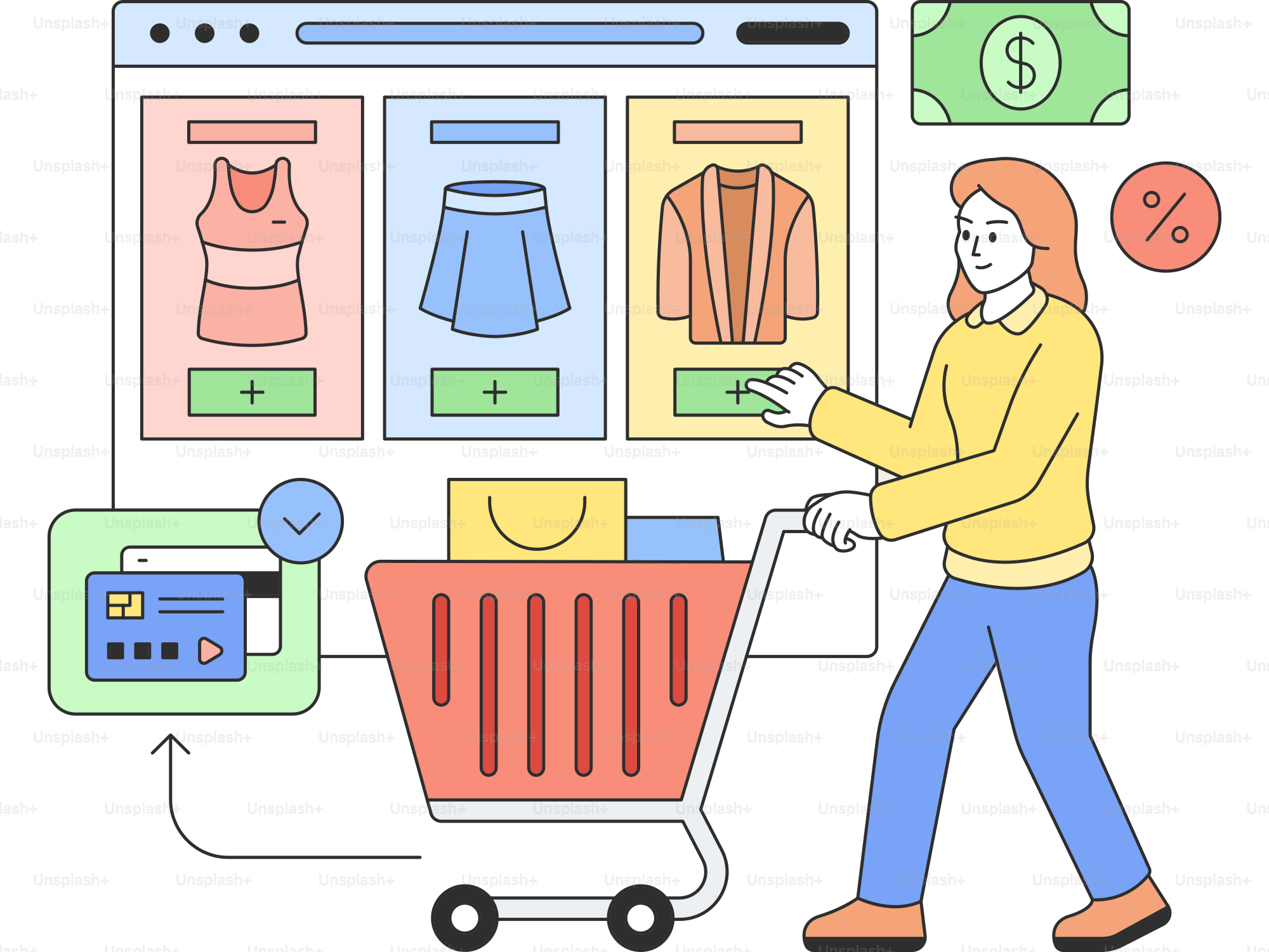 Uma mulher empurrando um carrinho de compras em frente à tela de um computador