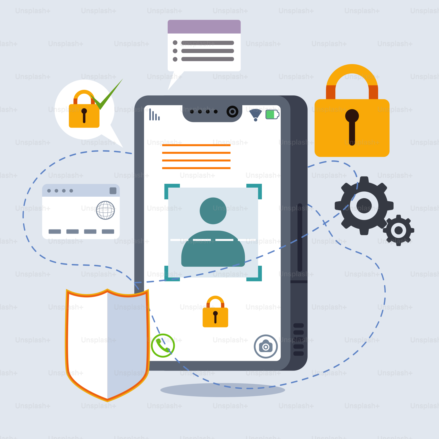 A smartphone with a padlock and padlocks around it
