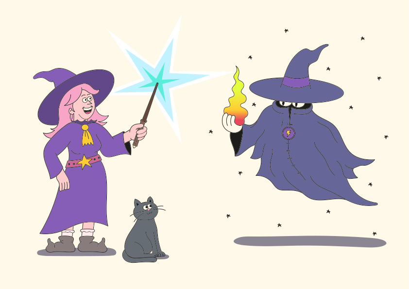 Un dibujo animado de una bruja y un gato
