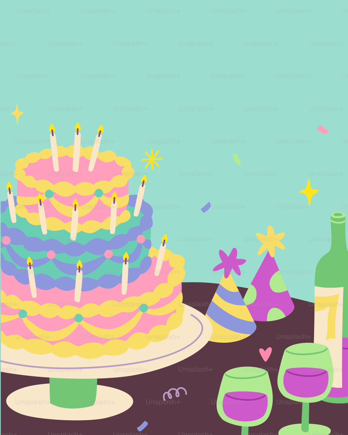 A birthday cake with candles and wine on a table