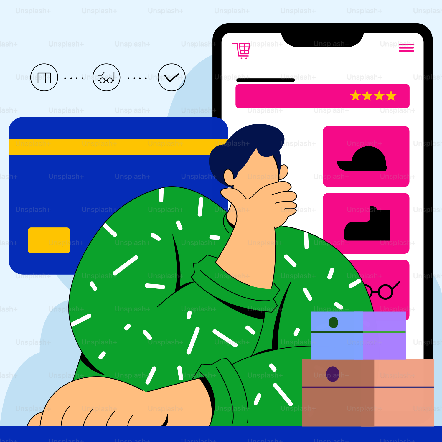 um, homem, sentando, frente, um, telefone, com, um, cartão crédito, frente, ele