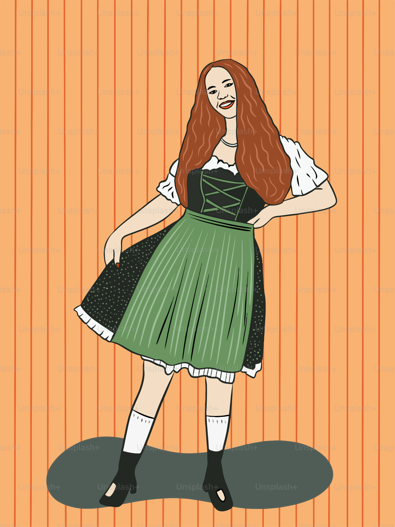 A drawing of a woman in a green dress