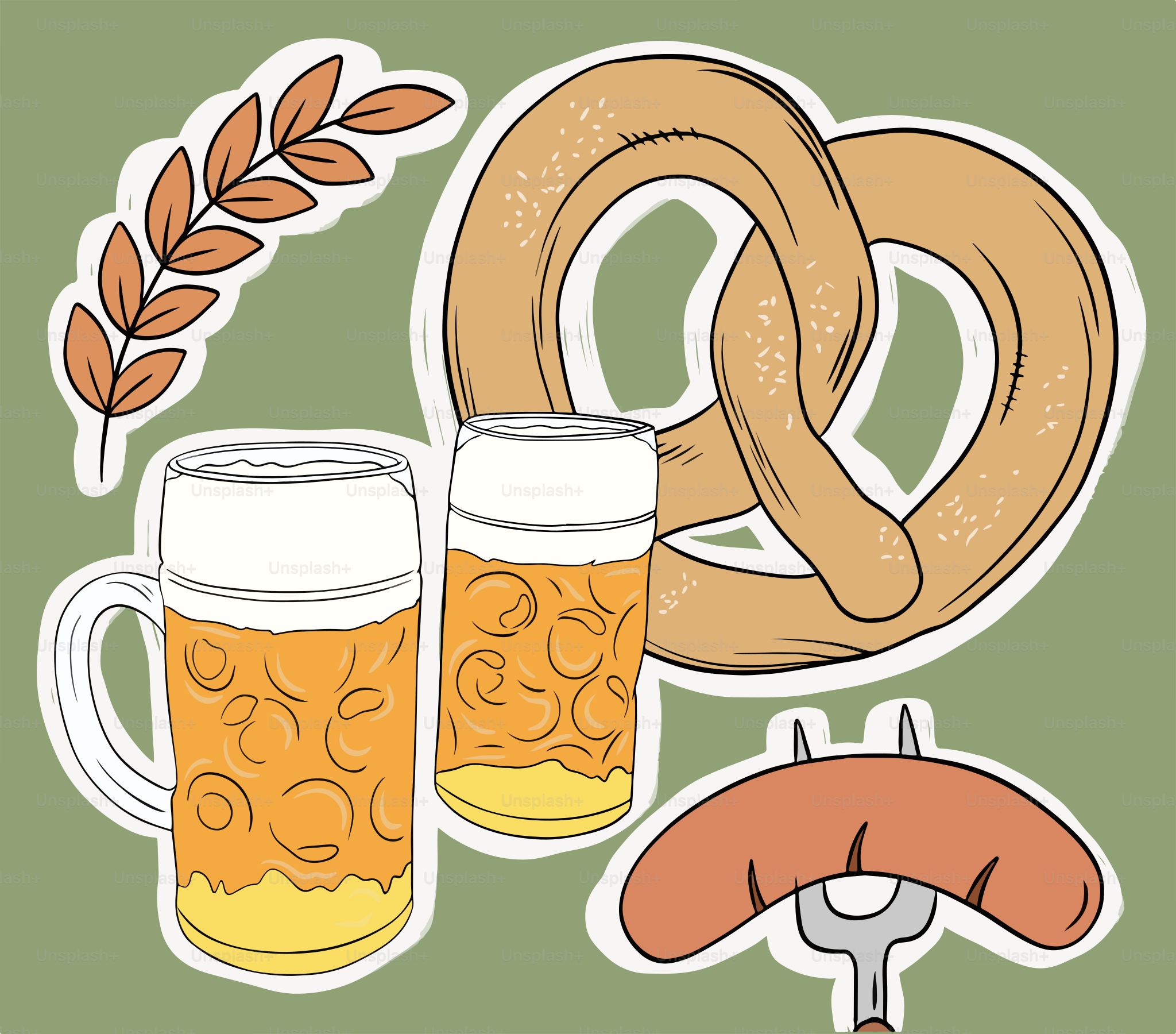 A beer mug, pretzels, and two mugs of beer