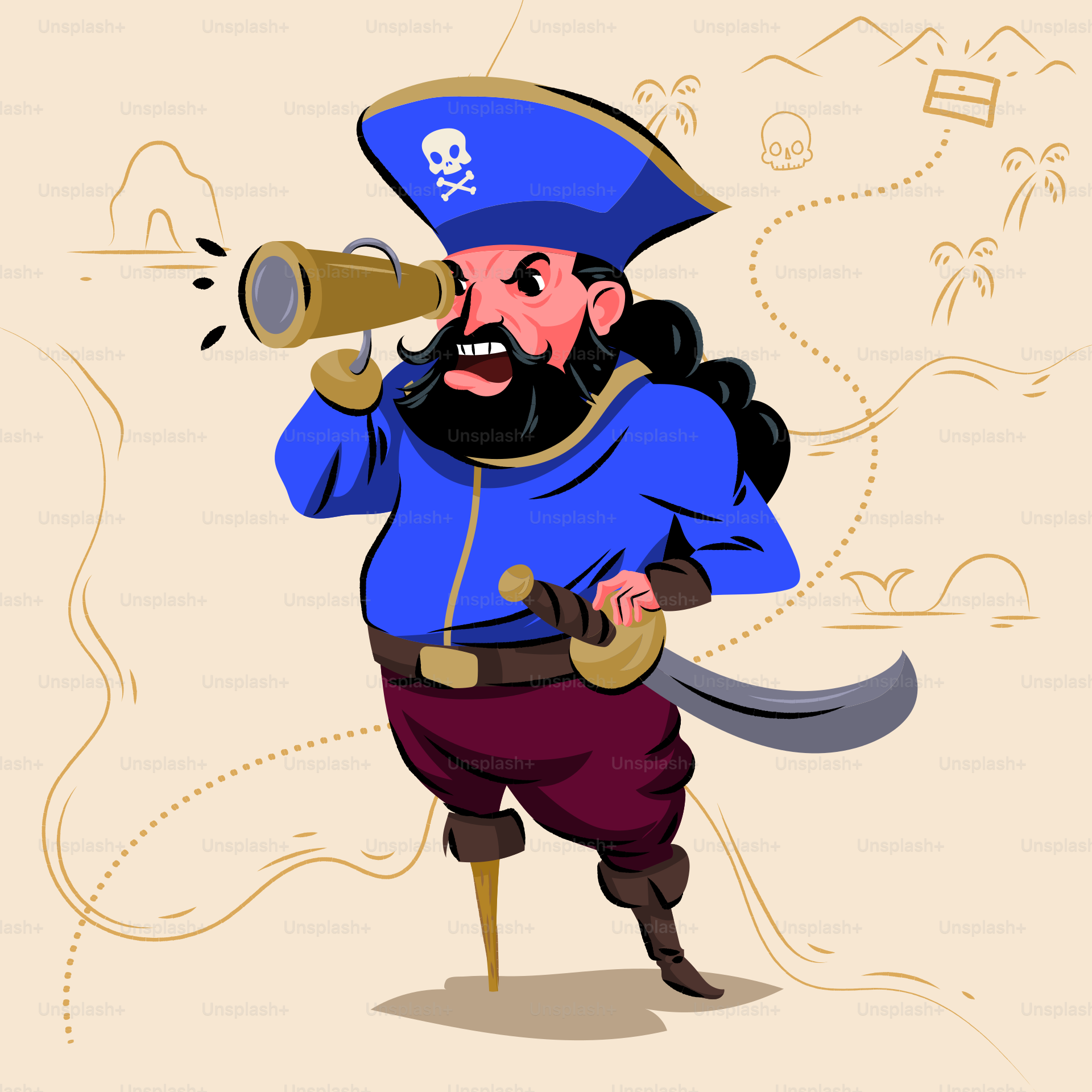 Un pirate de dessin animé avec une arme et un chapeau de pirate