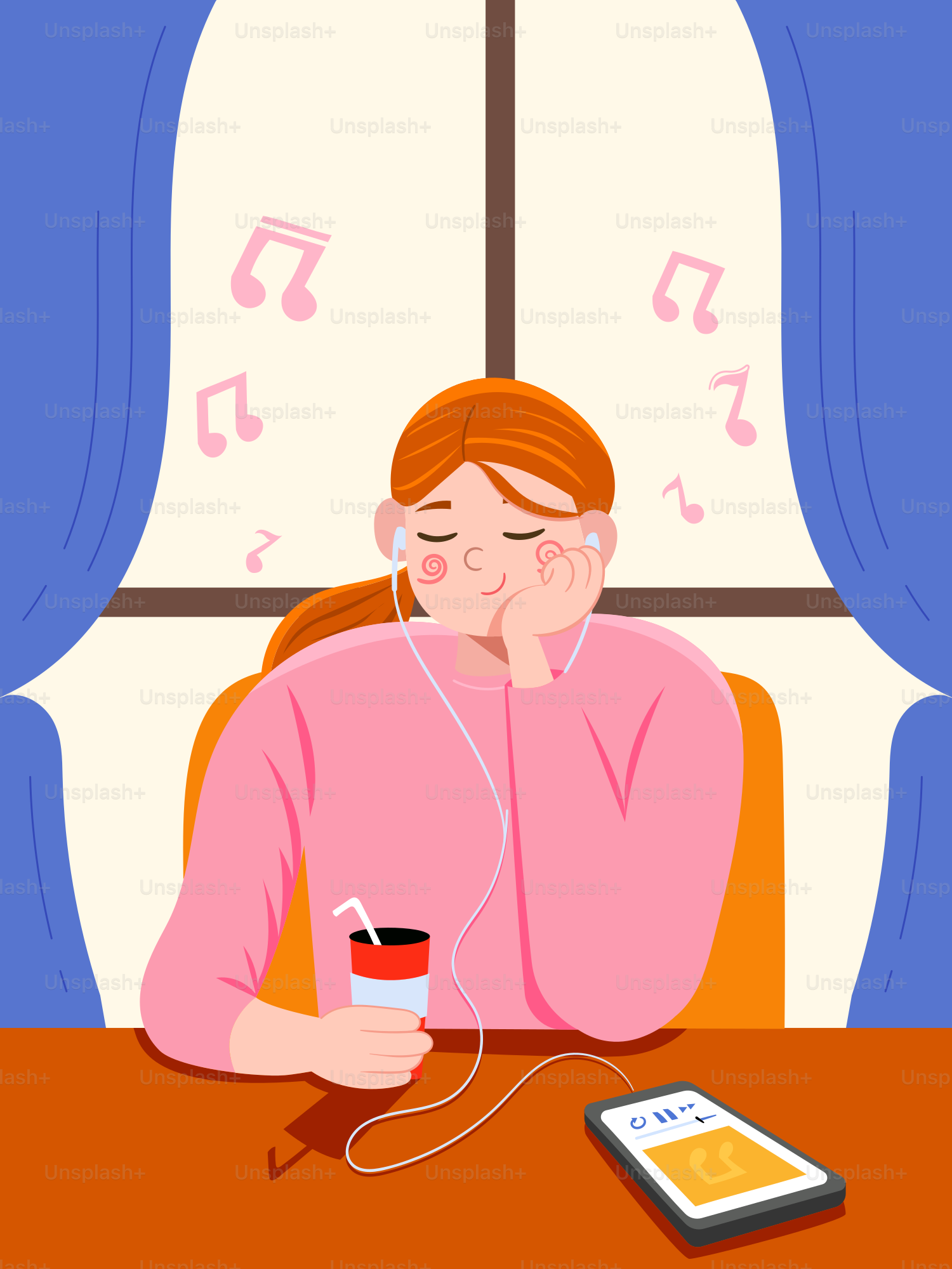 A woman sitting at a table listening to music