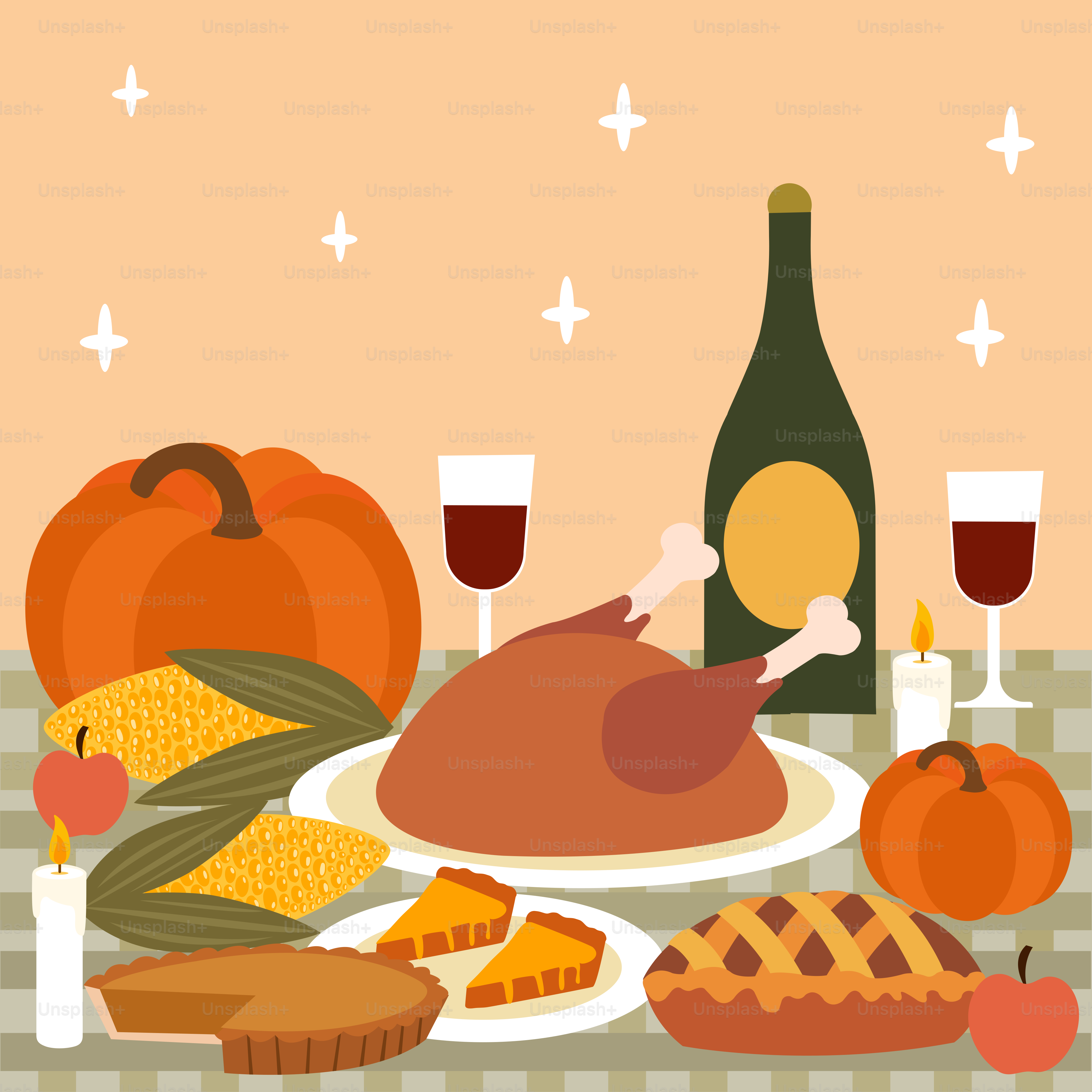 A table topped with a turkey and a bottle of wine